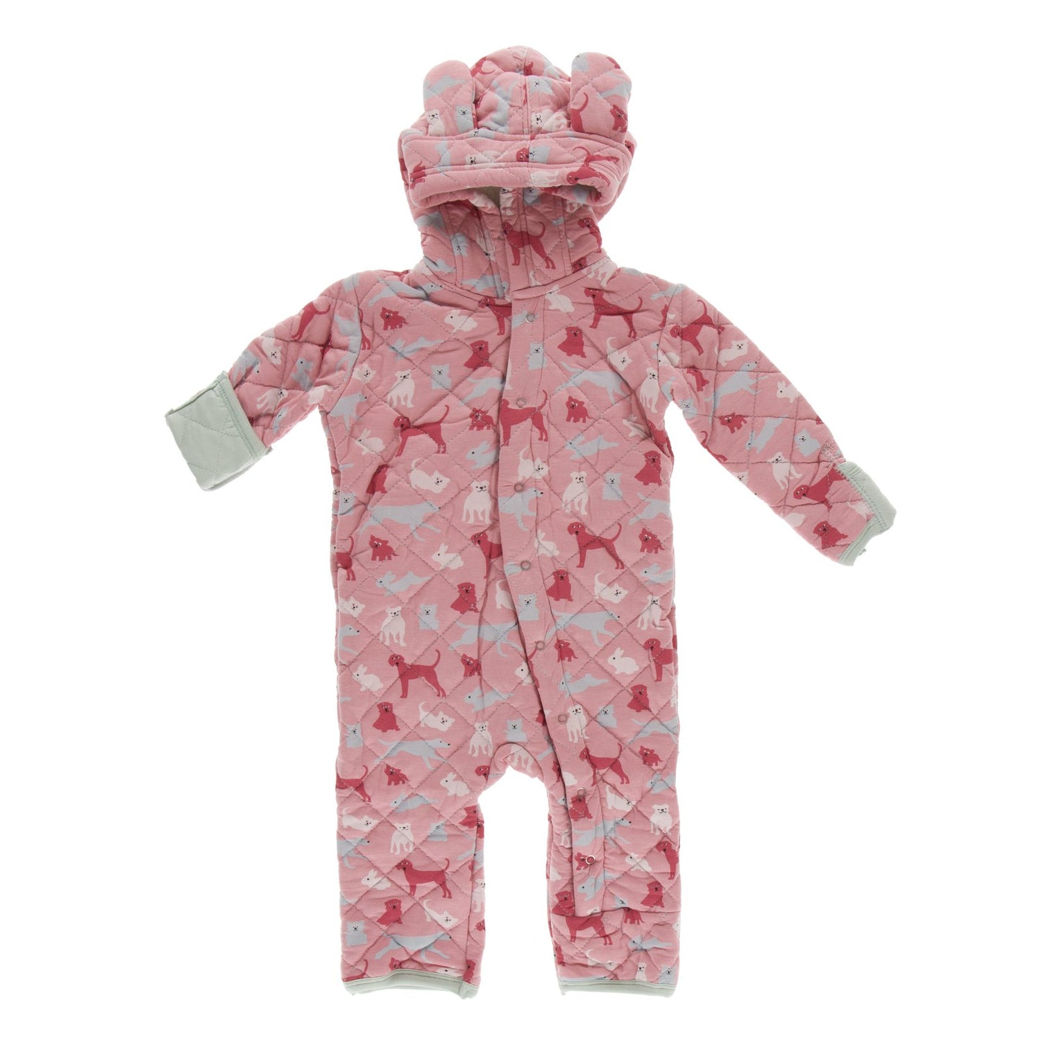 Print Quilted Hoodie Coverall with Sherpa-Lined Hood in Strawberry Domestic Animals/Aloe (383906)