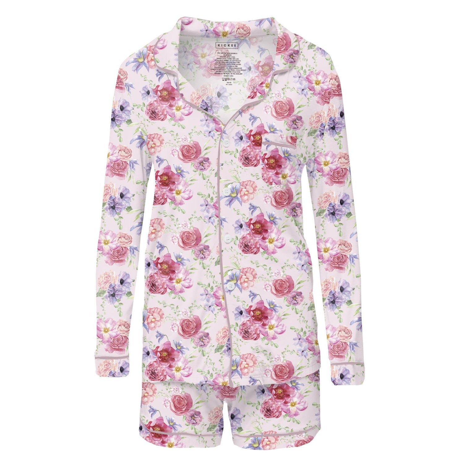 Women's Print Long Sleeve Collared Pajama Set with Shorts in Shrinking Violet Dreamy Floral (360971)