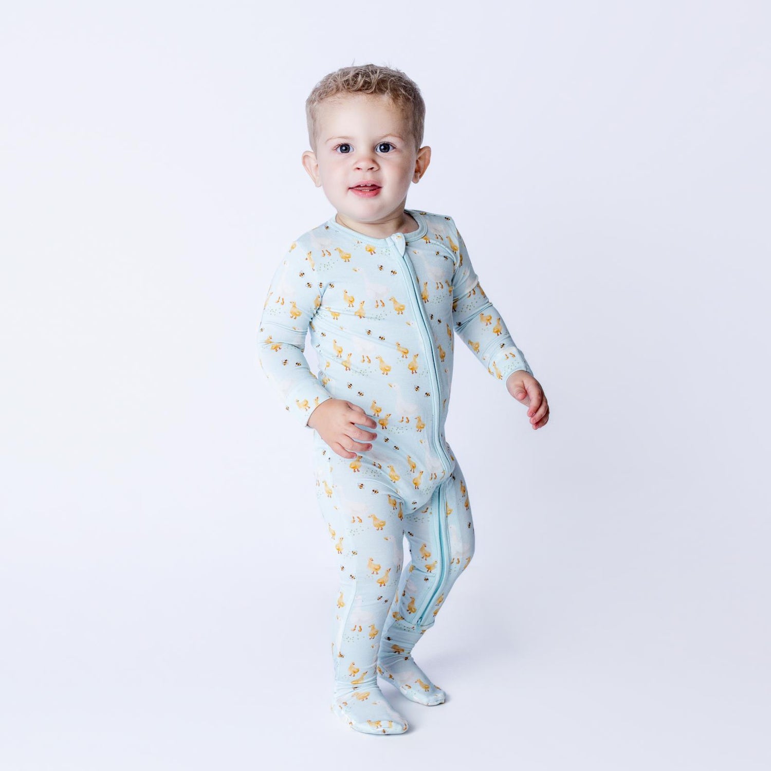 Print Footie with 2 Way Zipper in Spring Sky Feeding Ducks (344067)