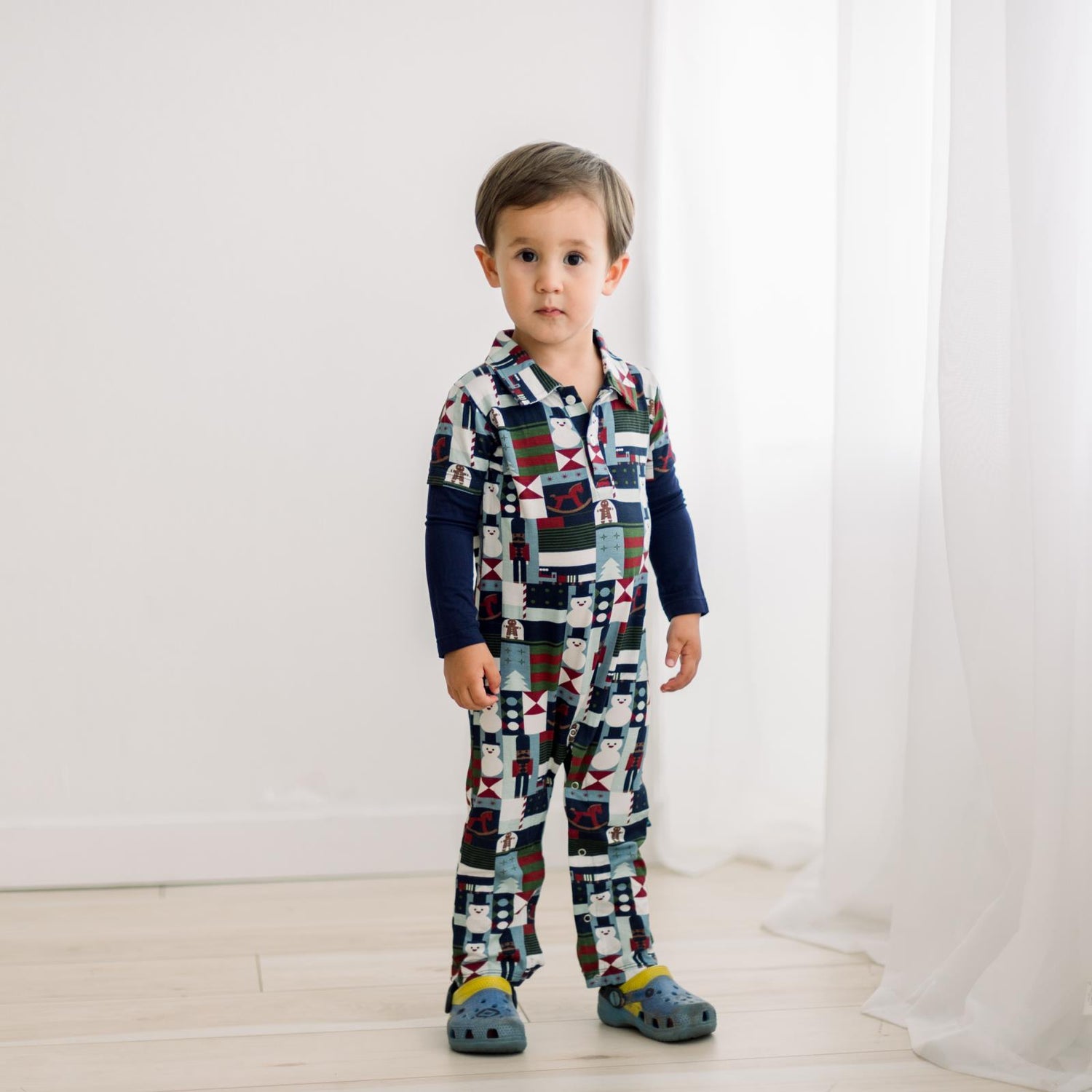 Print Long Sleeve Double Layer Polo Romper in Peacoat Mod Christmas (371559)