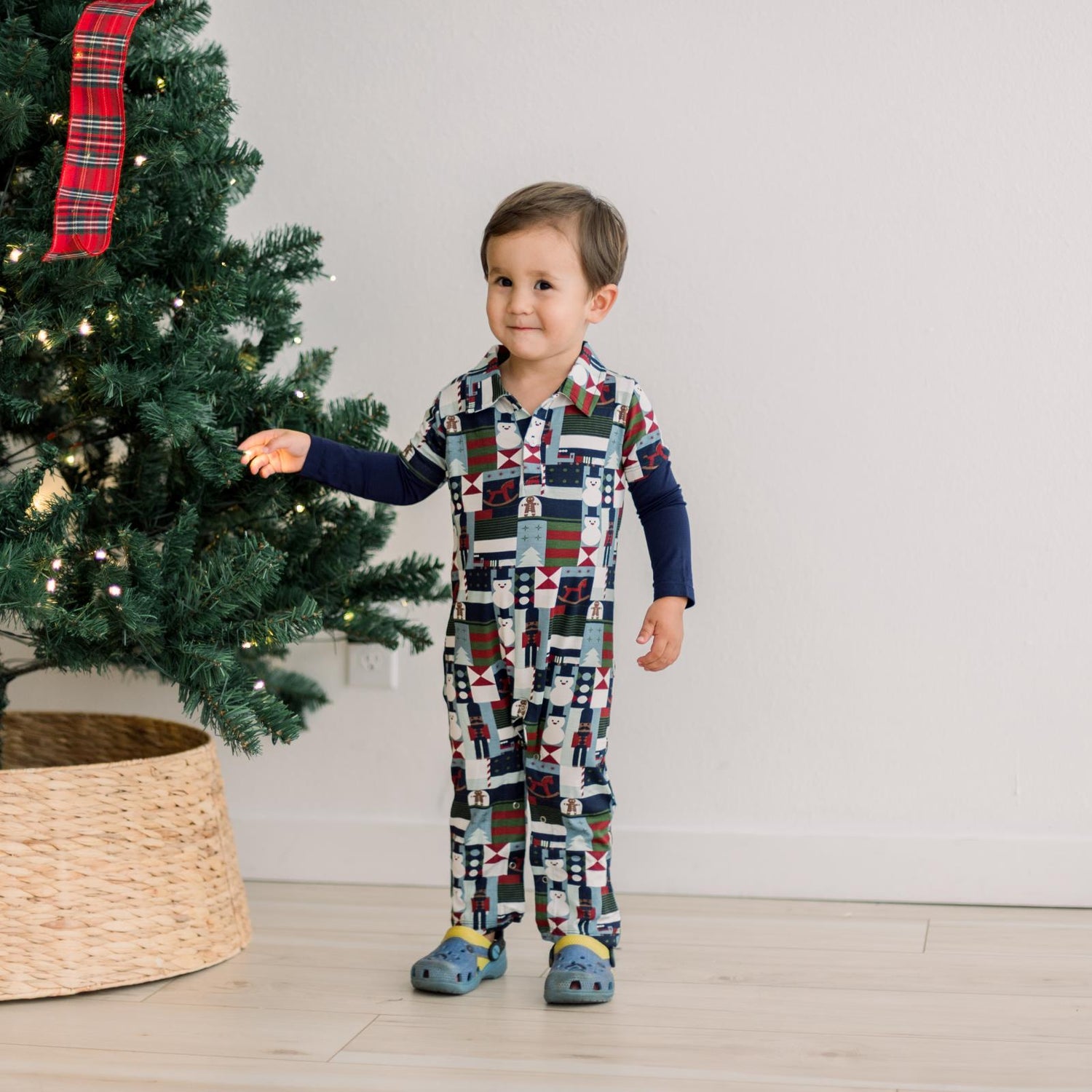 Print Long Sleeve Double Layer Polo Romper in Peacoat Mod Christmas (371566)