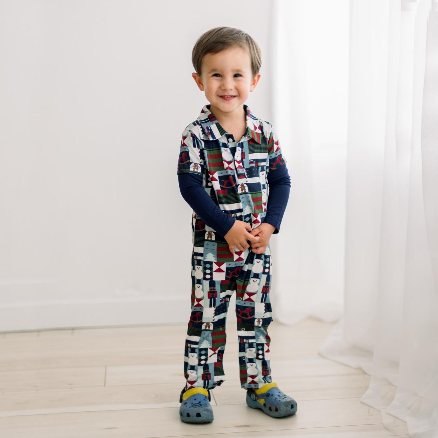 Print Long Sleeve Double Layer Polo Romper in Peacoat Mod Christmas (371569)