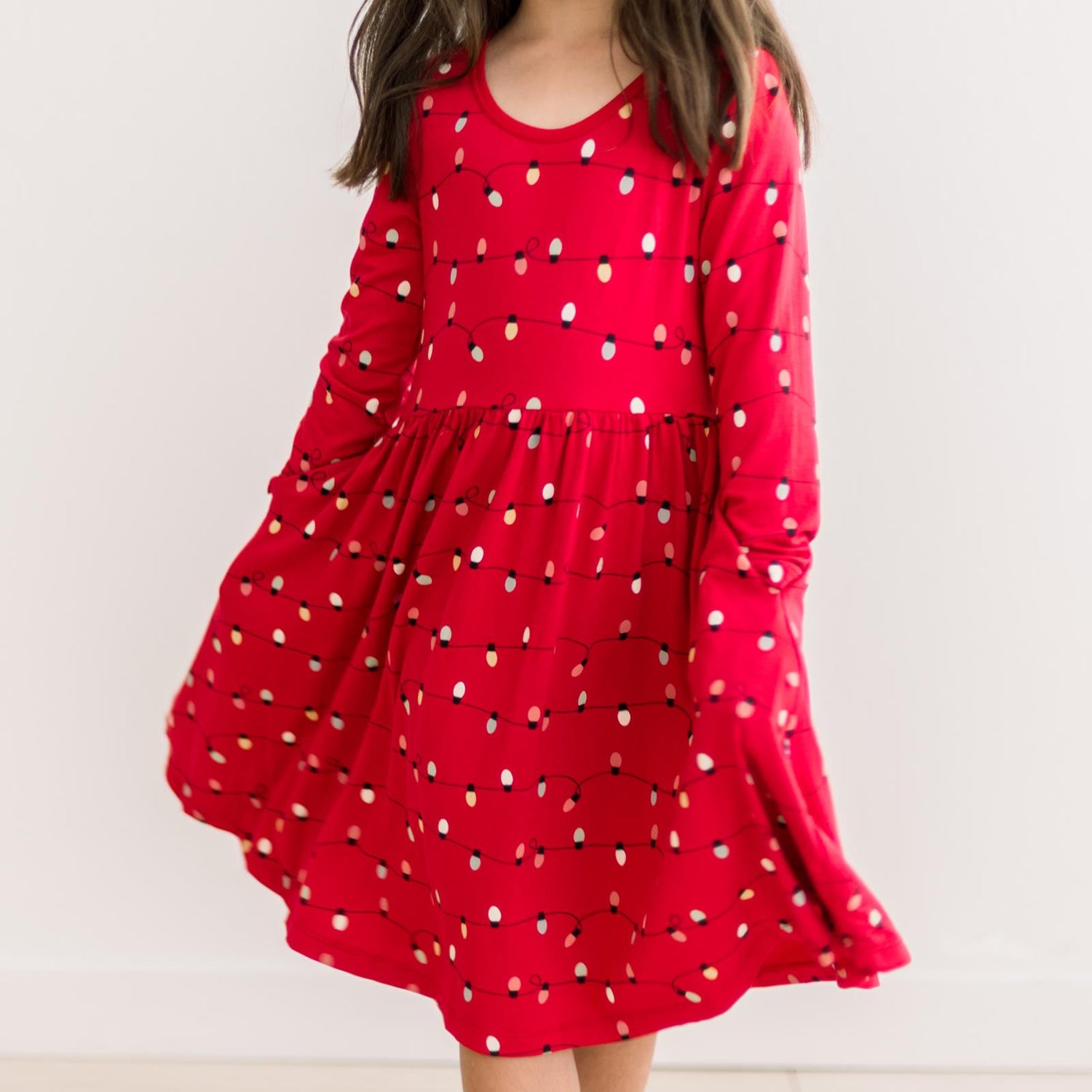 Print Long Sleeve Twirl Dress with Pockets in Crimson Holiday Lights (371561)