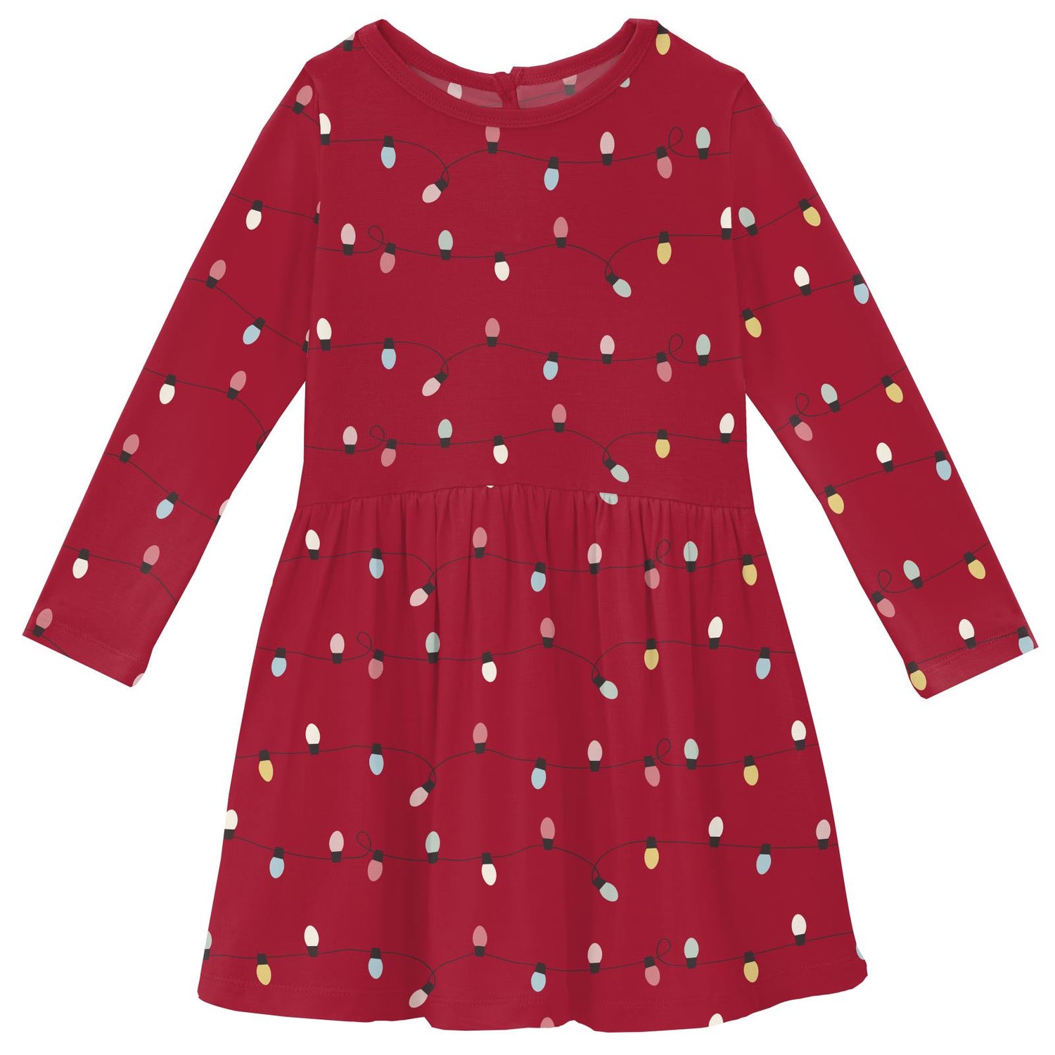 Print Long Sleeve Twirl Dress with Pockets in Crimson Holiday Lights (371578)