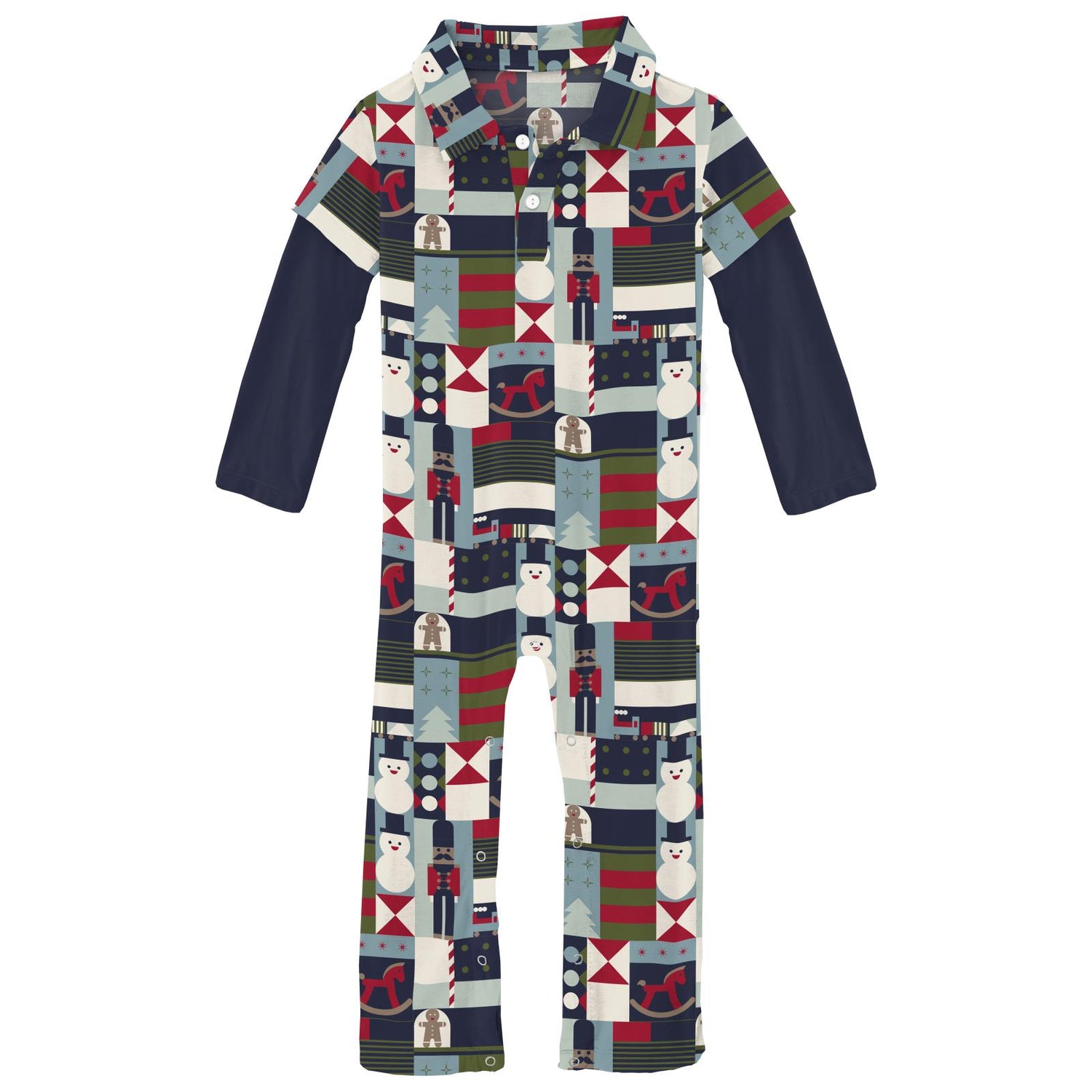 Print Long Sleeve Double Layer Polo Romper in Peacoat Mod Christmas (371585)