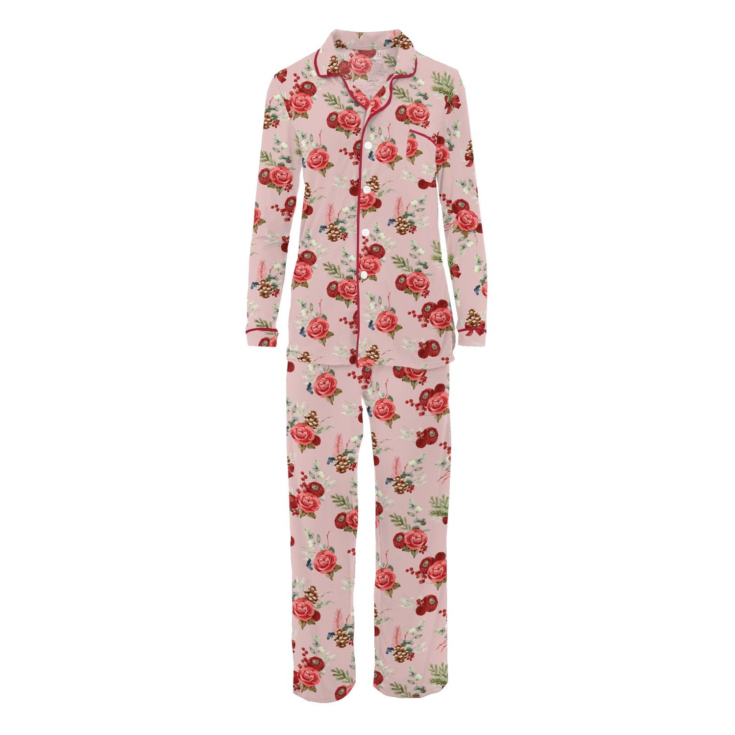 Women's Print Long Sleeve Collared Pajama Set in Baby Rose Holiday Floral (371651)