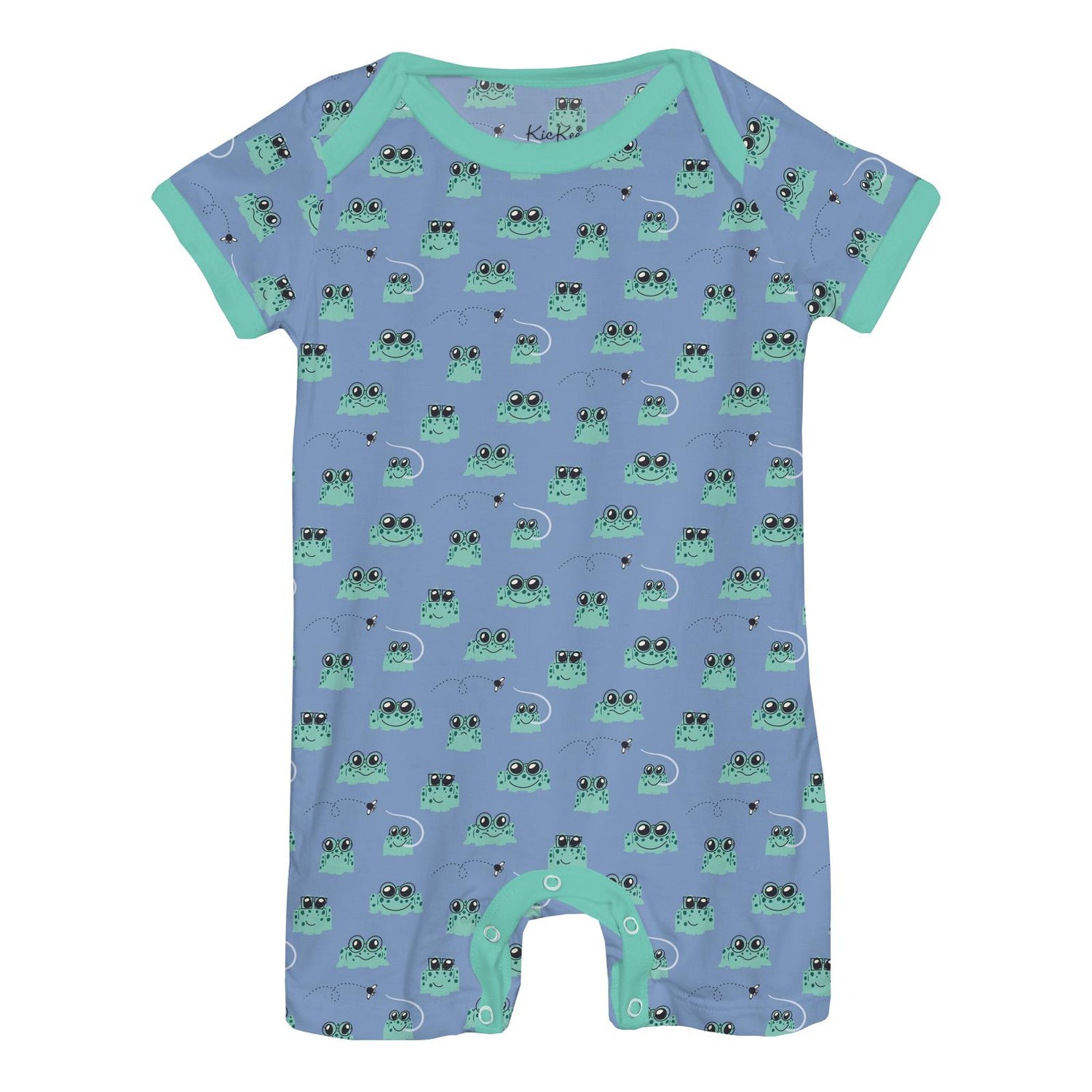 Print Short Sleeve Beau Romper in Dream Blue Bespeckled Frog (357807)
