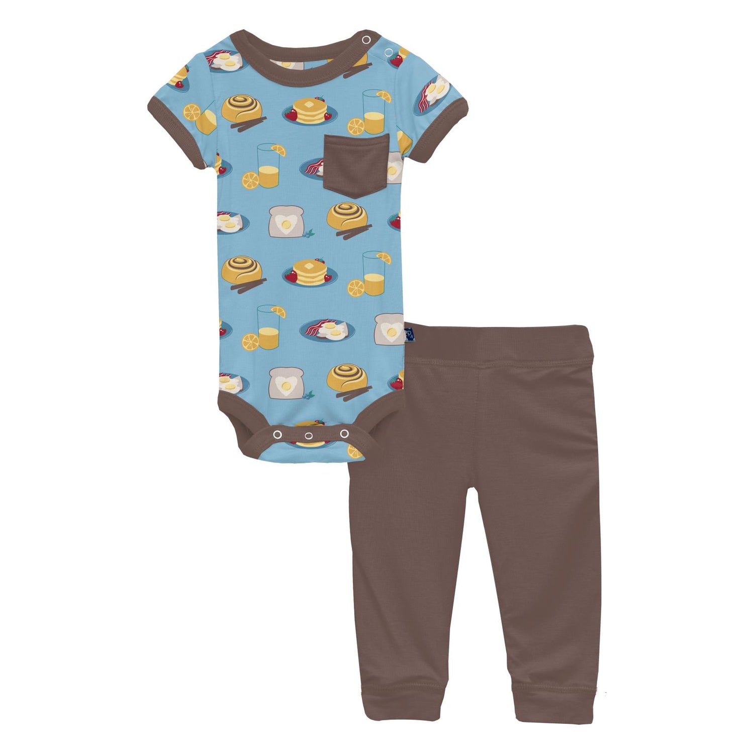 Print Short Sleeve Pocket One Piece & Pants Outfit Set in Seaside Blue Breakfast in Bed (313913)