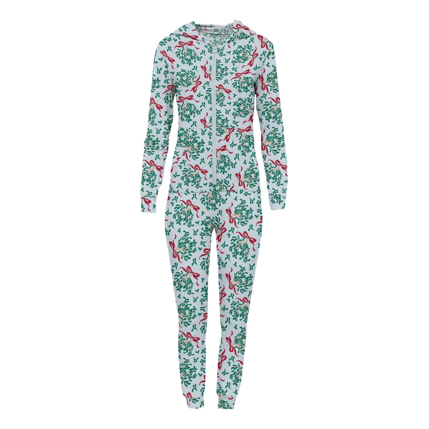 Women's Print Long Sleeve Jumpsuit with Hood in Illusion Blue Mistletoe & Ribbons