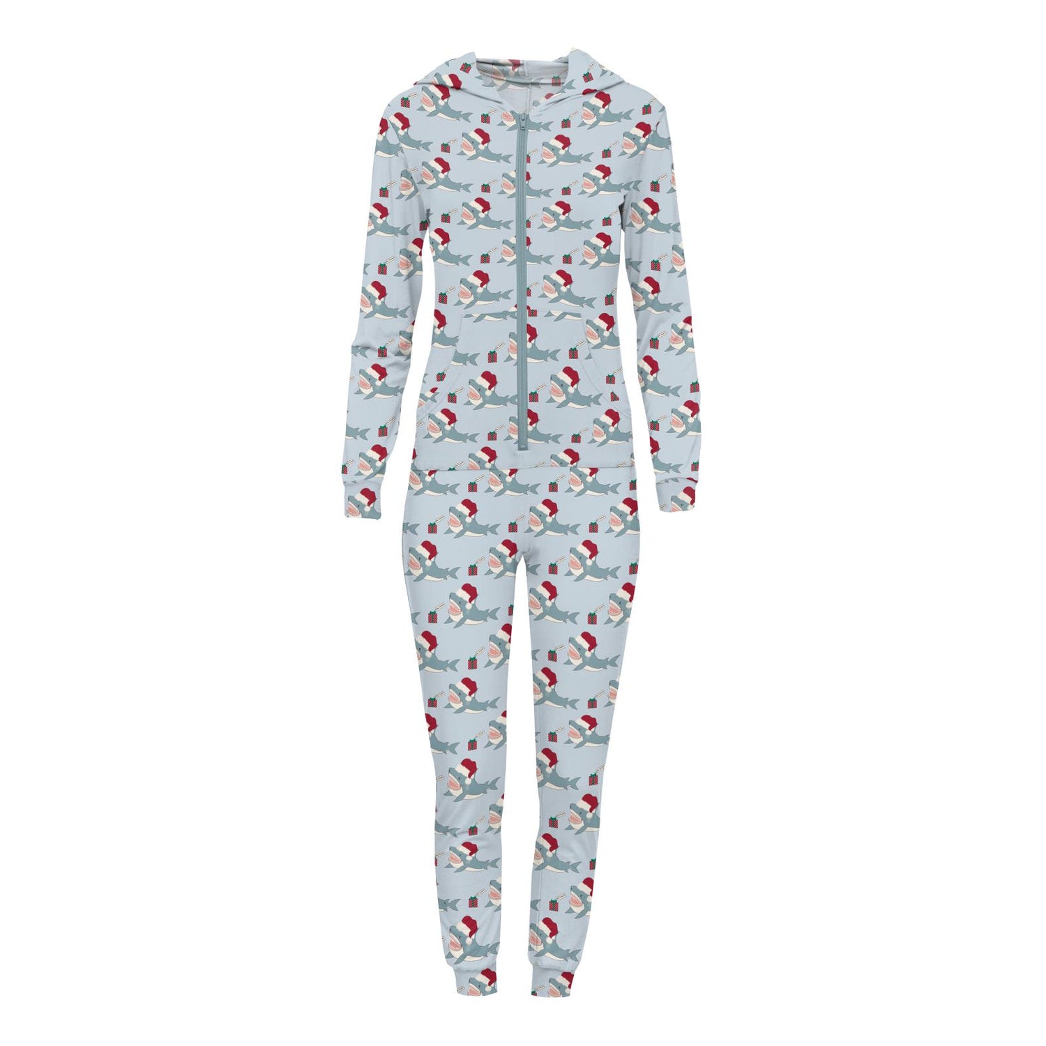 Women's Print Long Sleeve Jumpsuit with Hood in Illusion Blue Holiday Sharks