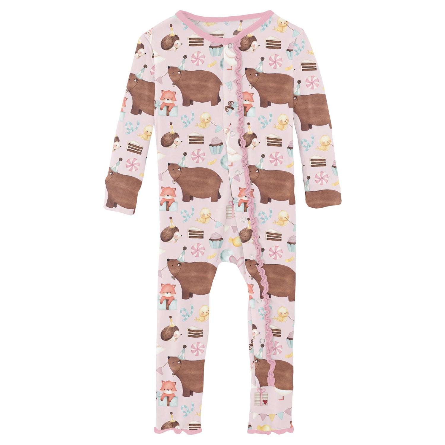 Print Muffin Ruffle Coverall with Snaps in Shrinking Violet Forest Party (320567)