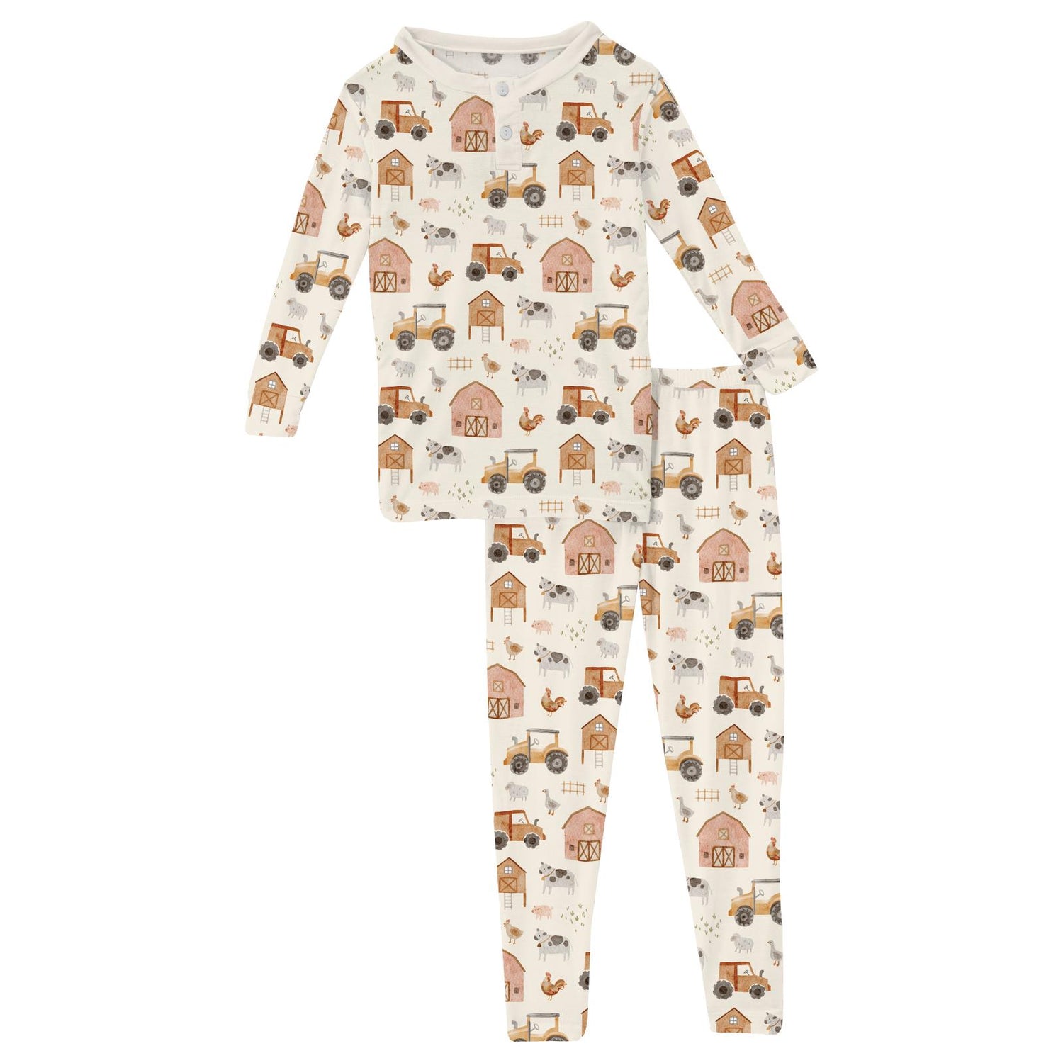 Print Long Sleeve Henley Pajama Set in Natural Farm Life (345374)
