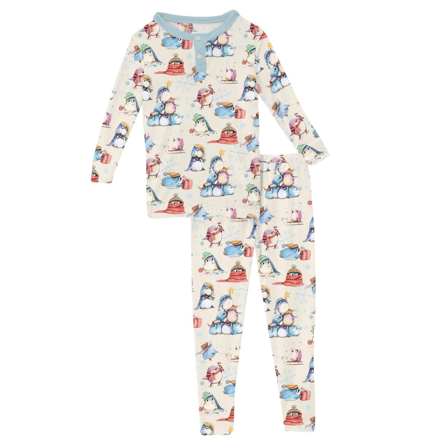 Print Long Sleeve Henley Pajama Set in Natural Silly Penguins (345383)