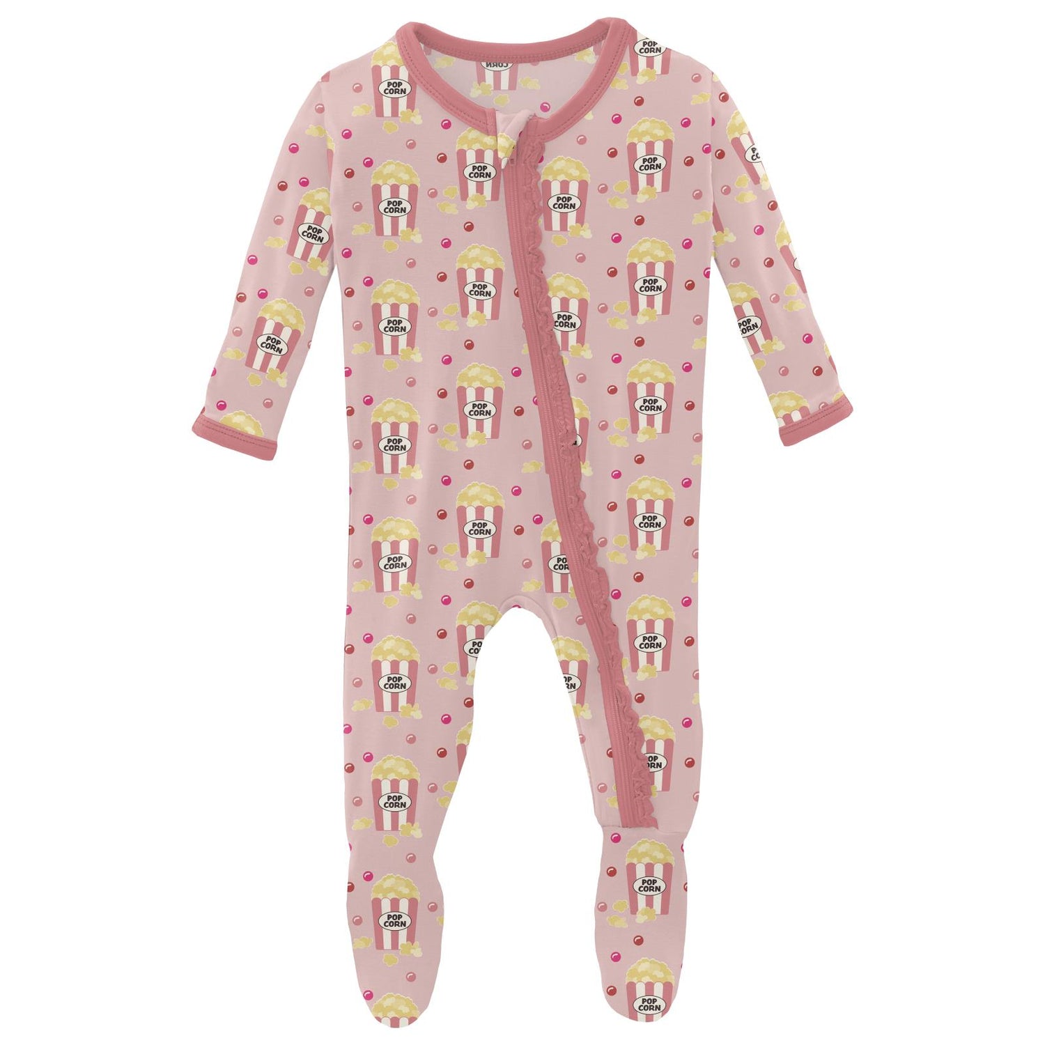 Print Muffin Ruffle Footie with 2 Way Zipper in Baby Rose Movie Night (352610)
