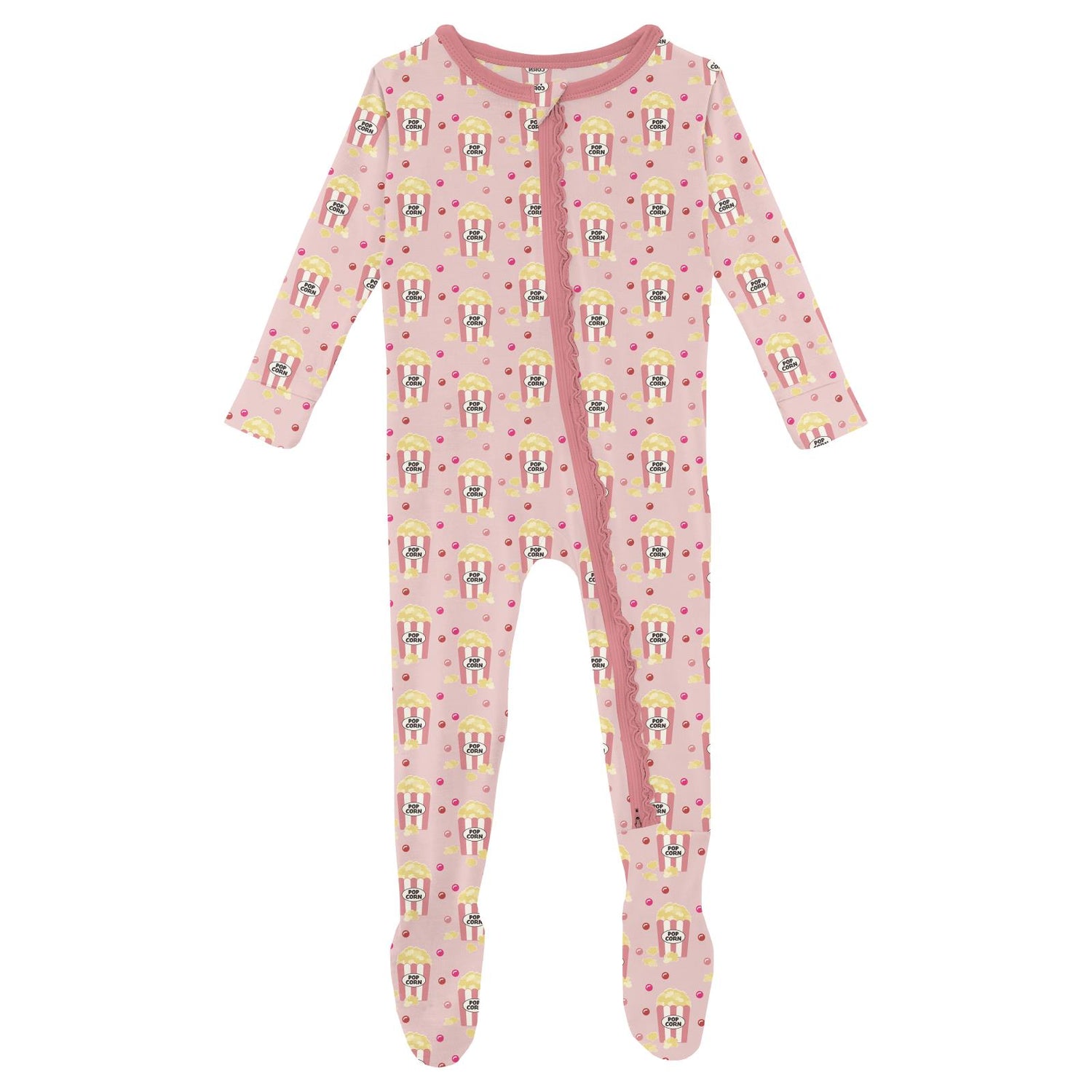 Print Muffin Ruffle Footie with 2 Way Zipper in Baby Rose Movie Night (352638)