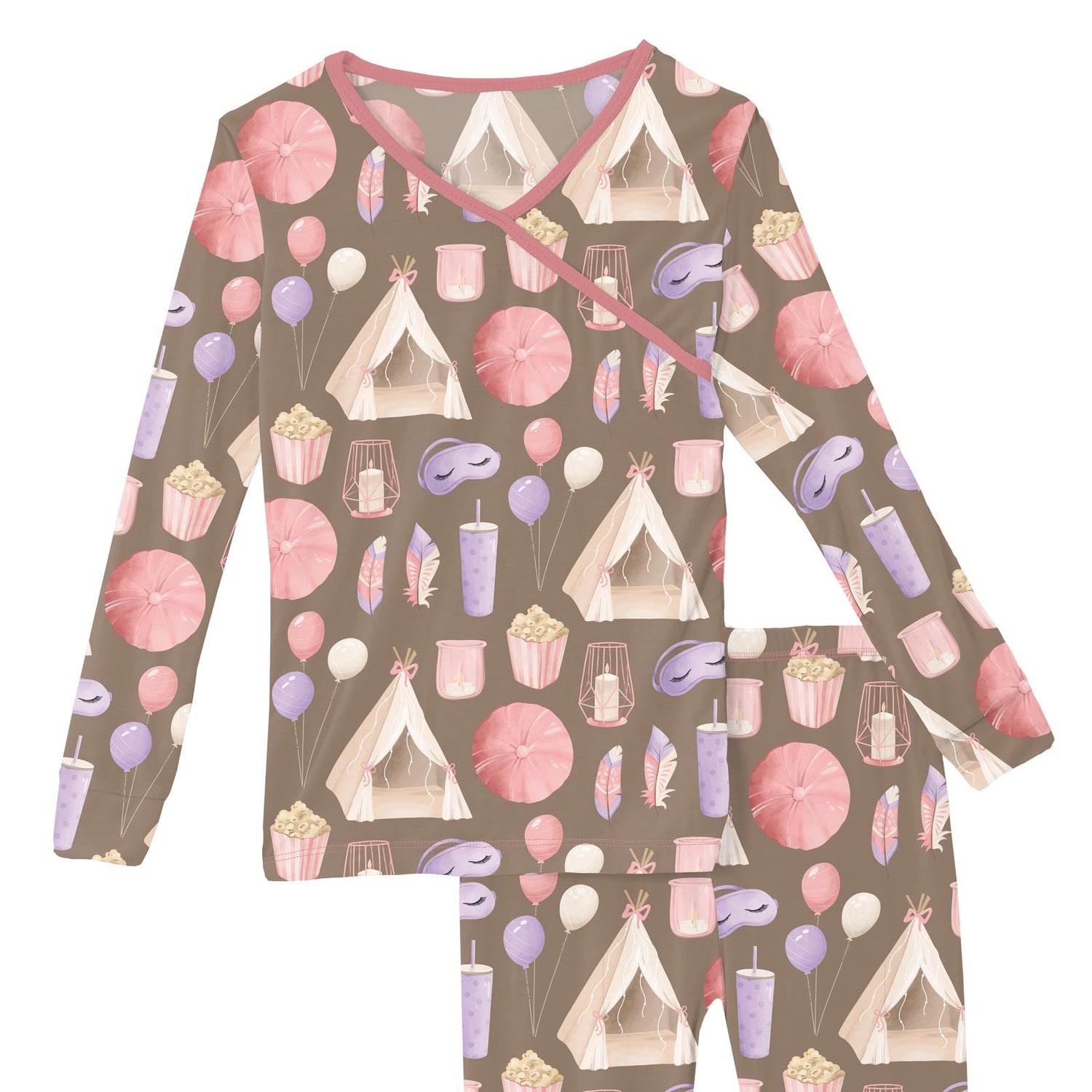 Print Long Sleeve Kimono Pajama Set in Portabella Slumber Party (373689)