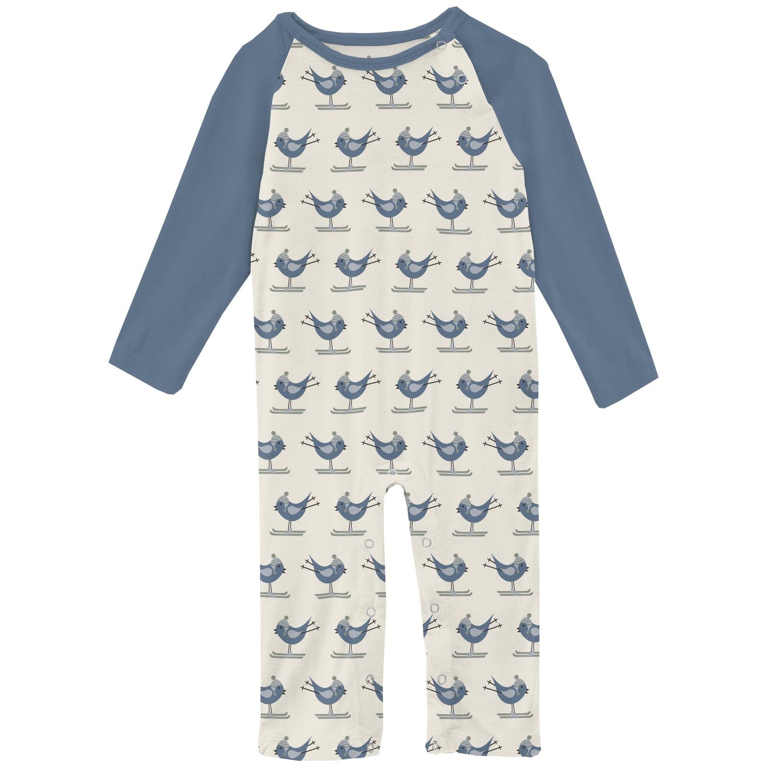 Print Long Sleeve Raglan Romper in Natural Ski Birds (253396)