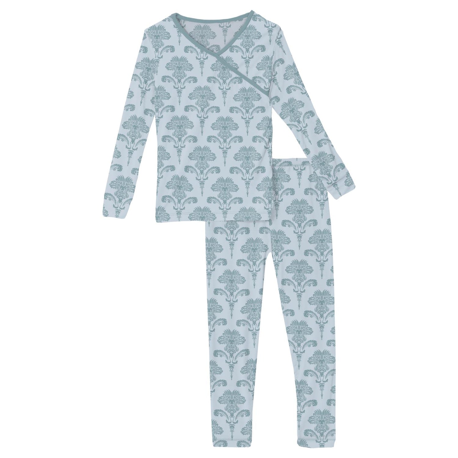 Print Long Sleeve Kimono Pajama Set in Illusion Blue Damask (291774)