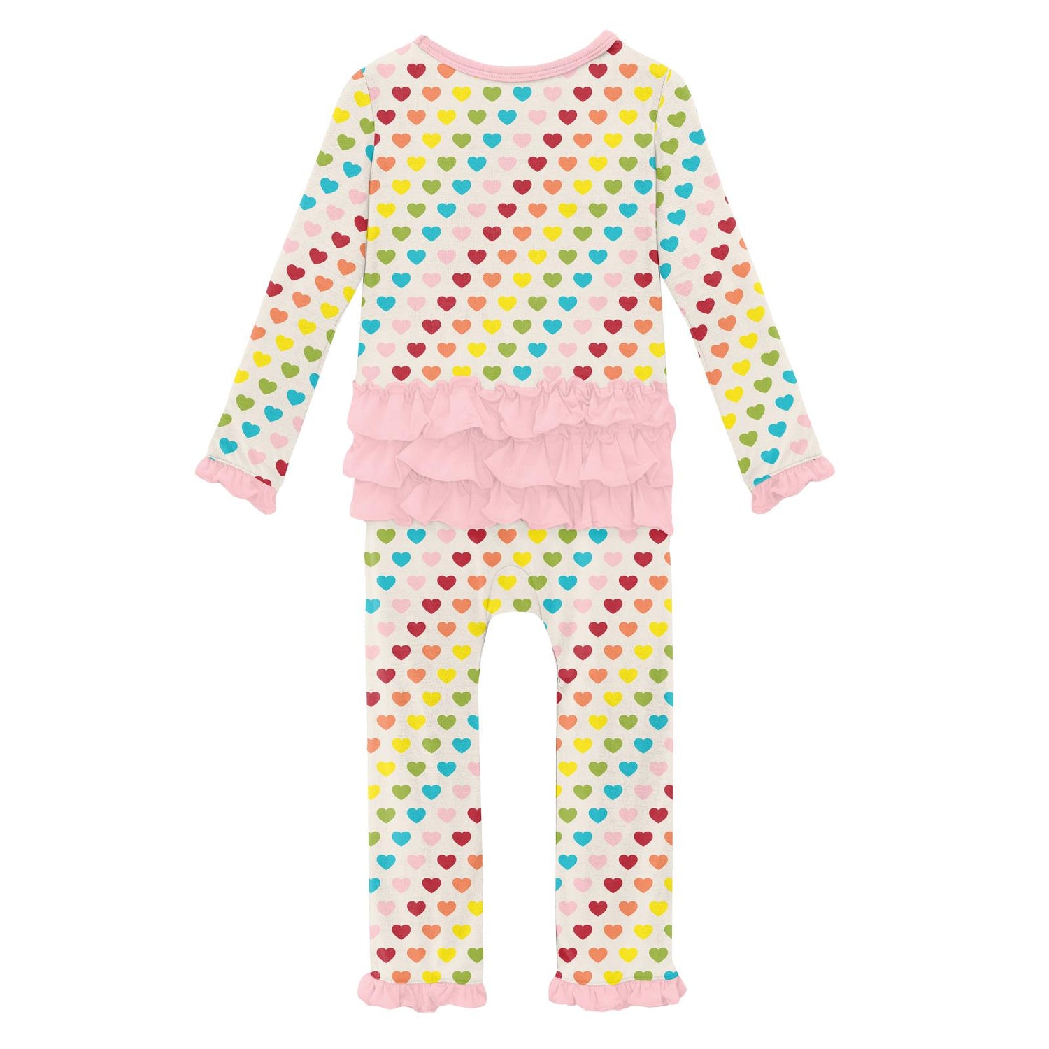 Print Oh La La Ruffle Romper in Rainbow Hearts (249231)