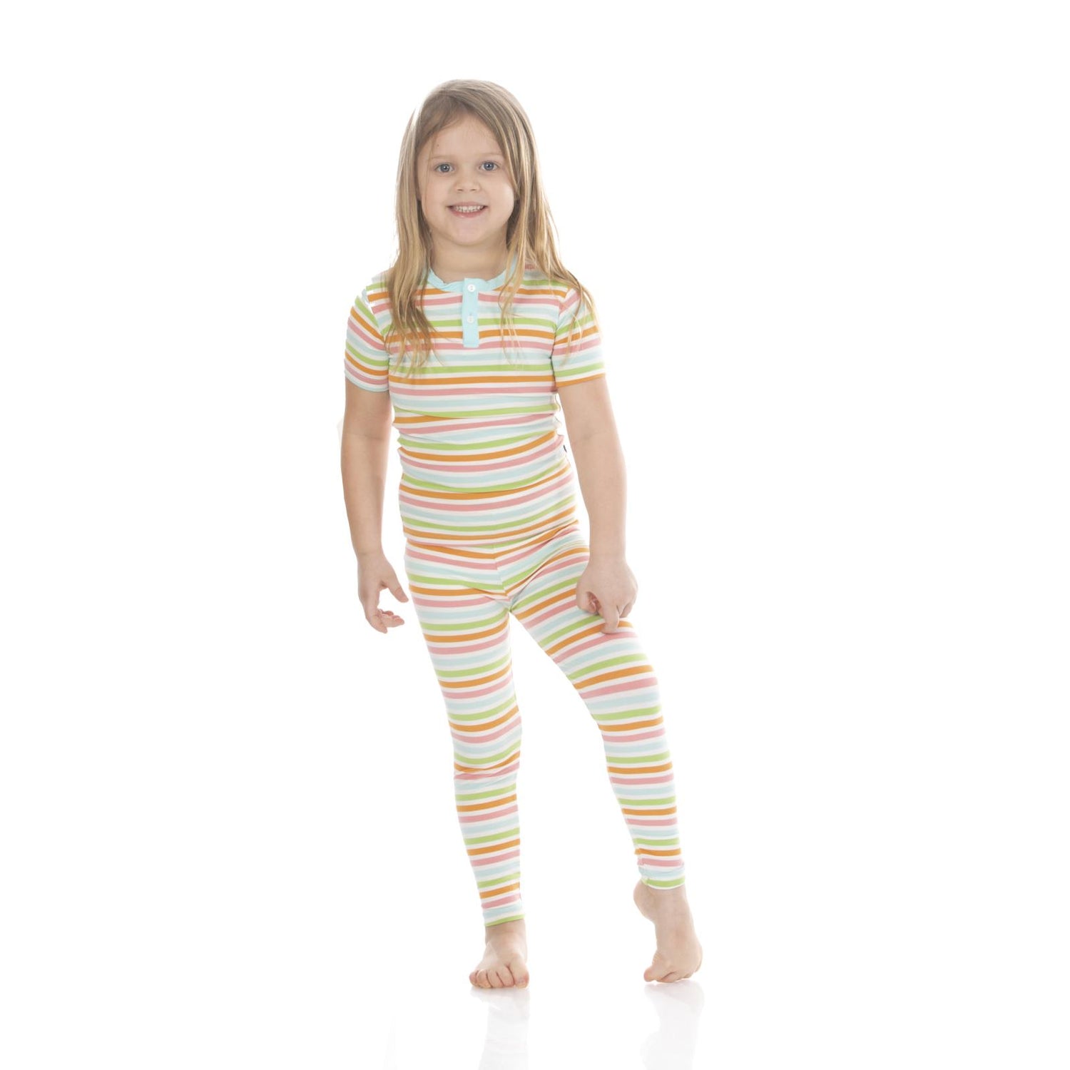 Print Short Sleeve Henley Pajama Set in Beach Day Stripe (221171)