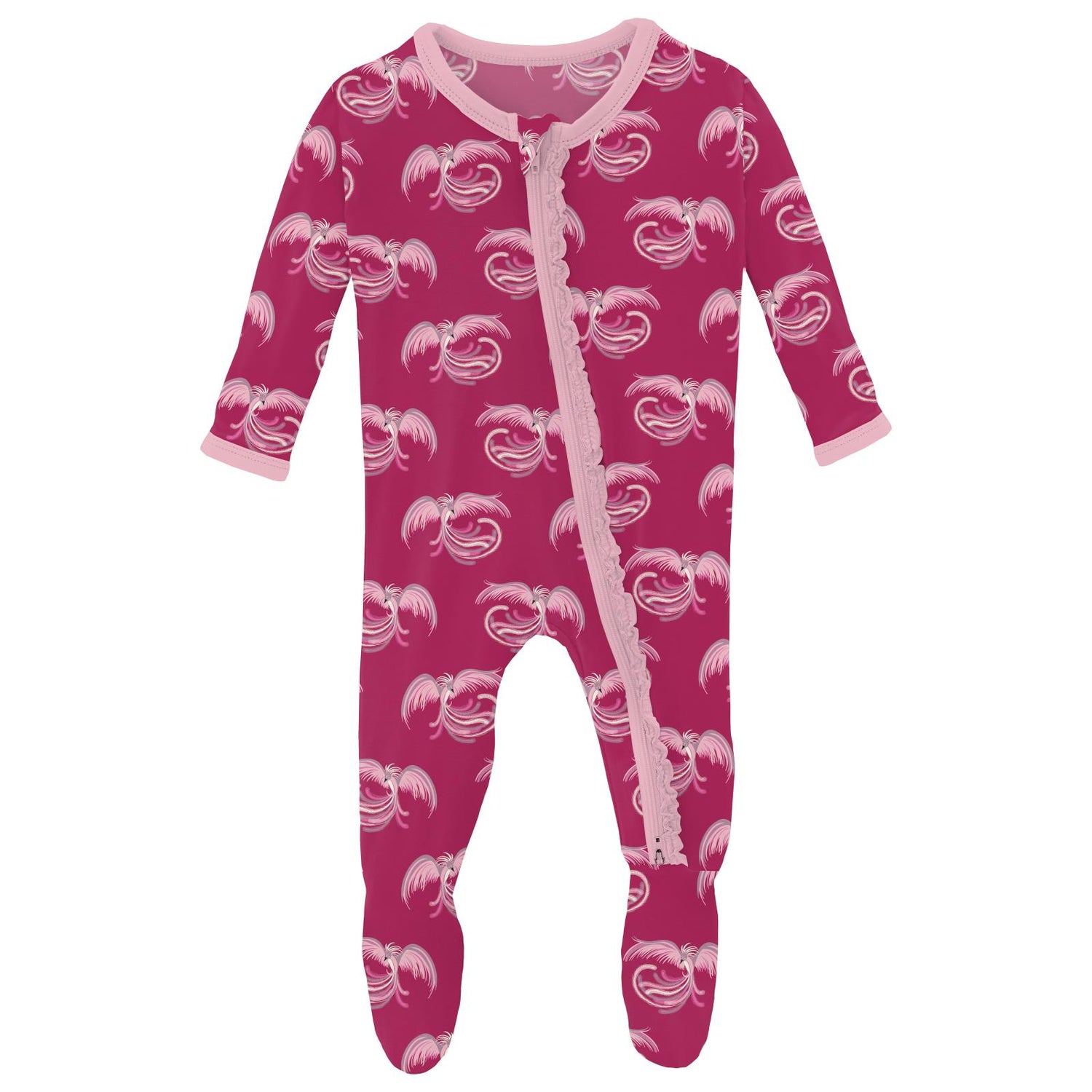 Print Muffin Ruffle Footie with 2 Way Zipper in Dragon Fruit Phoenix (273866)
