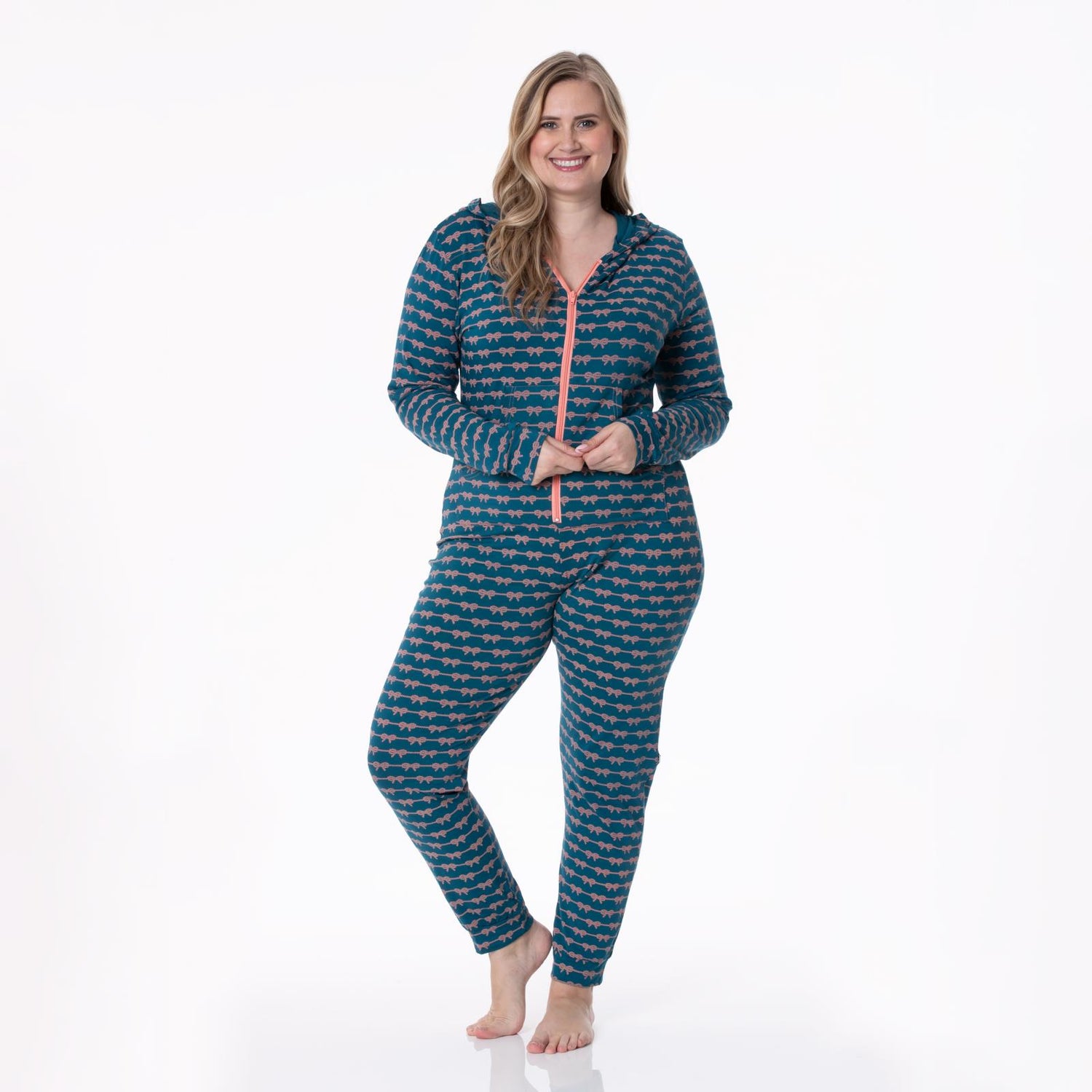 Women's Print Long Sleeve Jumpsuit with Hood in Peacock Boat Rope Bows
