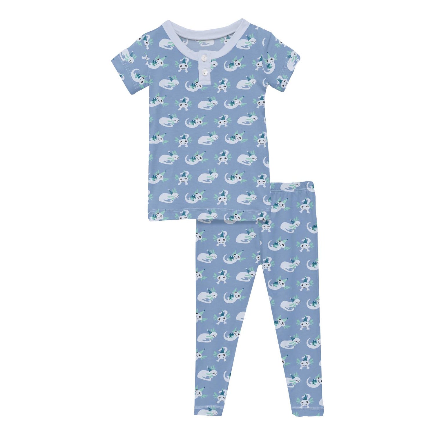 Print Short Sleeve Henley Pajama Set in Dream Blue Axolotl Party
