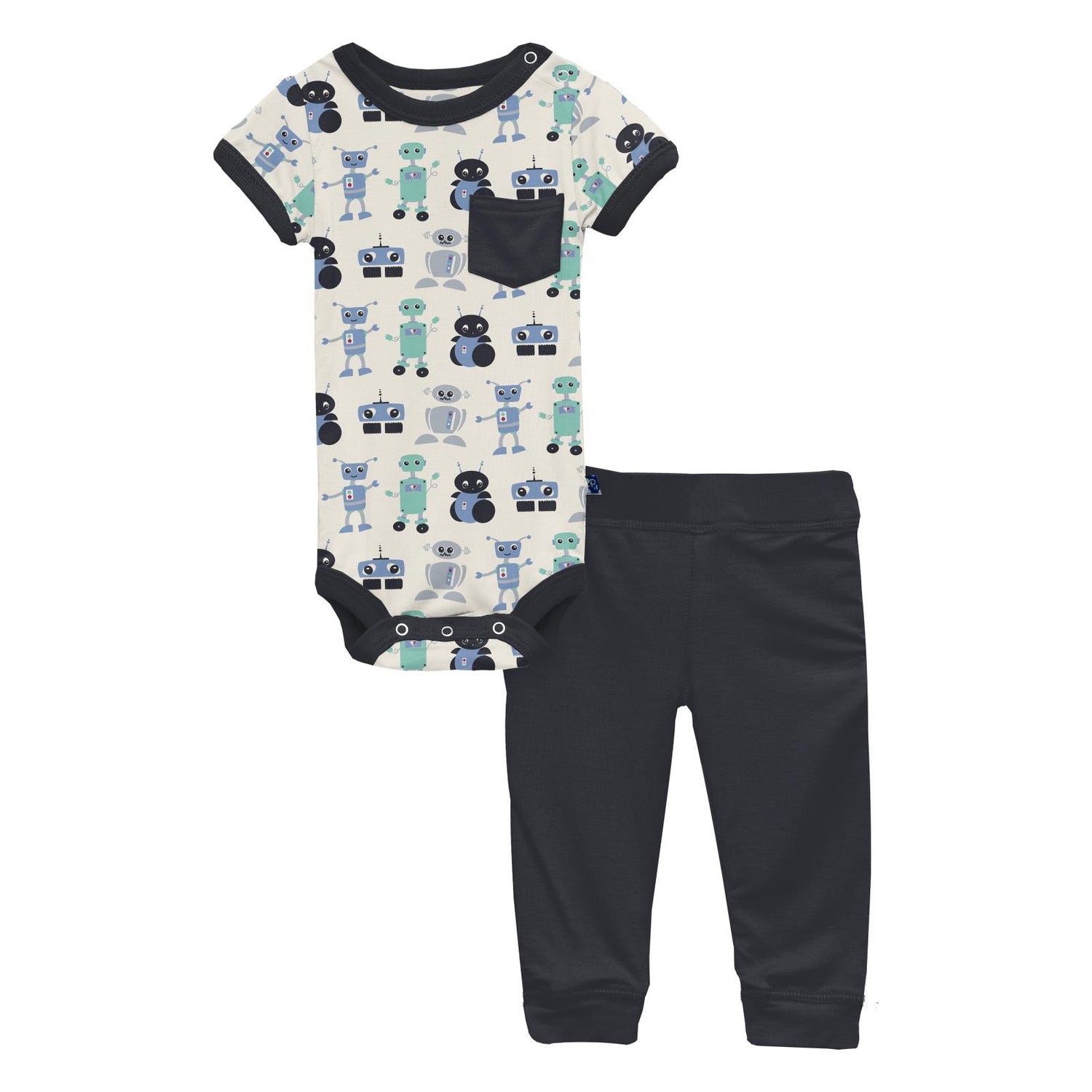Print Short Sleeve Pocket One Piece & Pants Outfit Set in Natural Robots