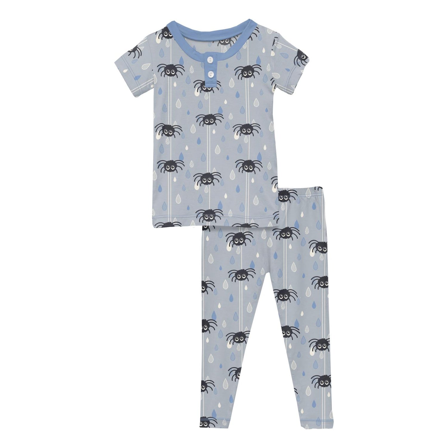 Print Short Sleeve Henley Pajama Set in Pearl Blue Itsy Bitsy Spider
