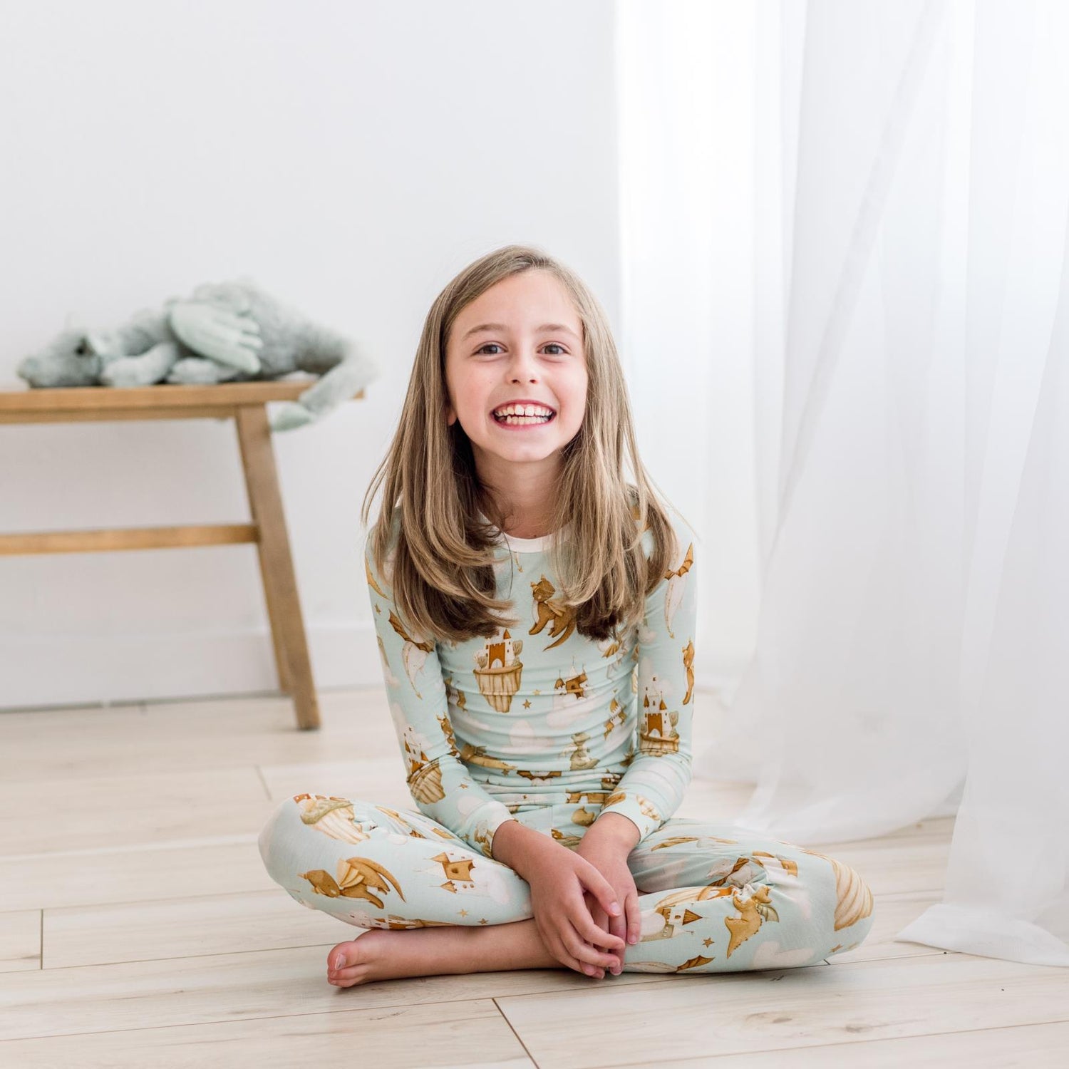 Print Long Sleeve Pajama Set in Aloe Castles and Clouds (373395)