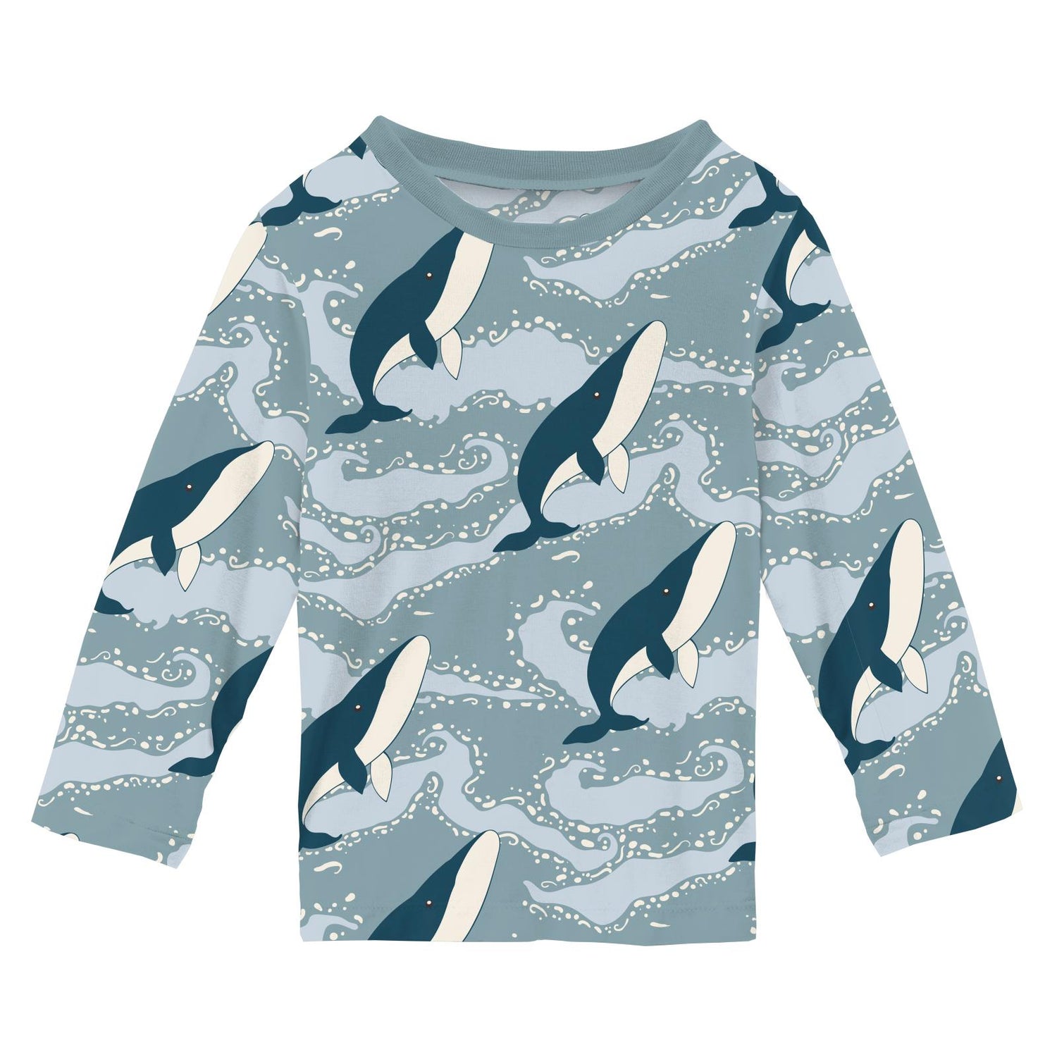 Print Long Sleeve Crew Neck Tee in Stormy Sea Splashing Whales (347831)