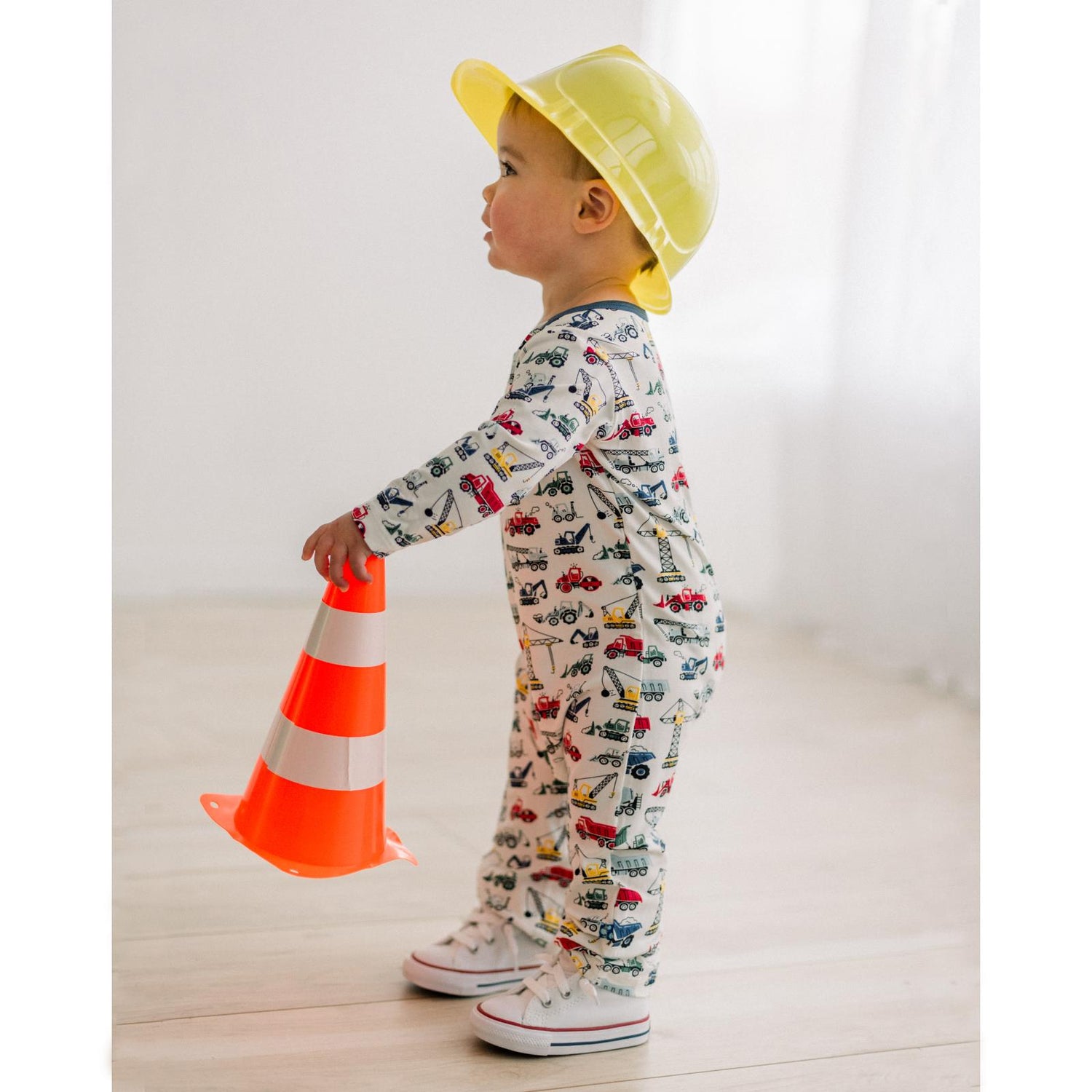 Print Long Sleeve Beau Romper in Natural Construction Trucks (373934)