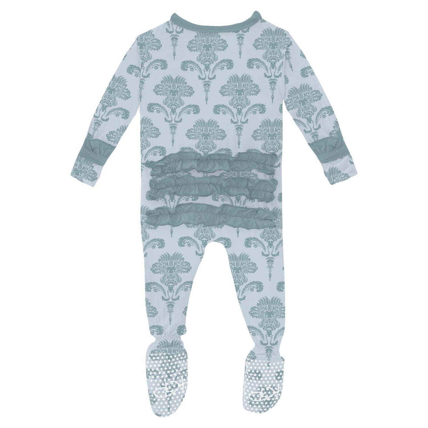 Print Layette Ruffle Footie with 2 Way Zipper in Illusion Blue Damask (289555)