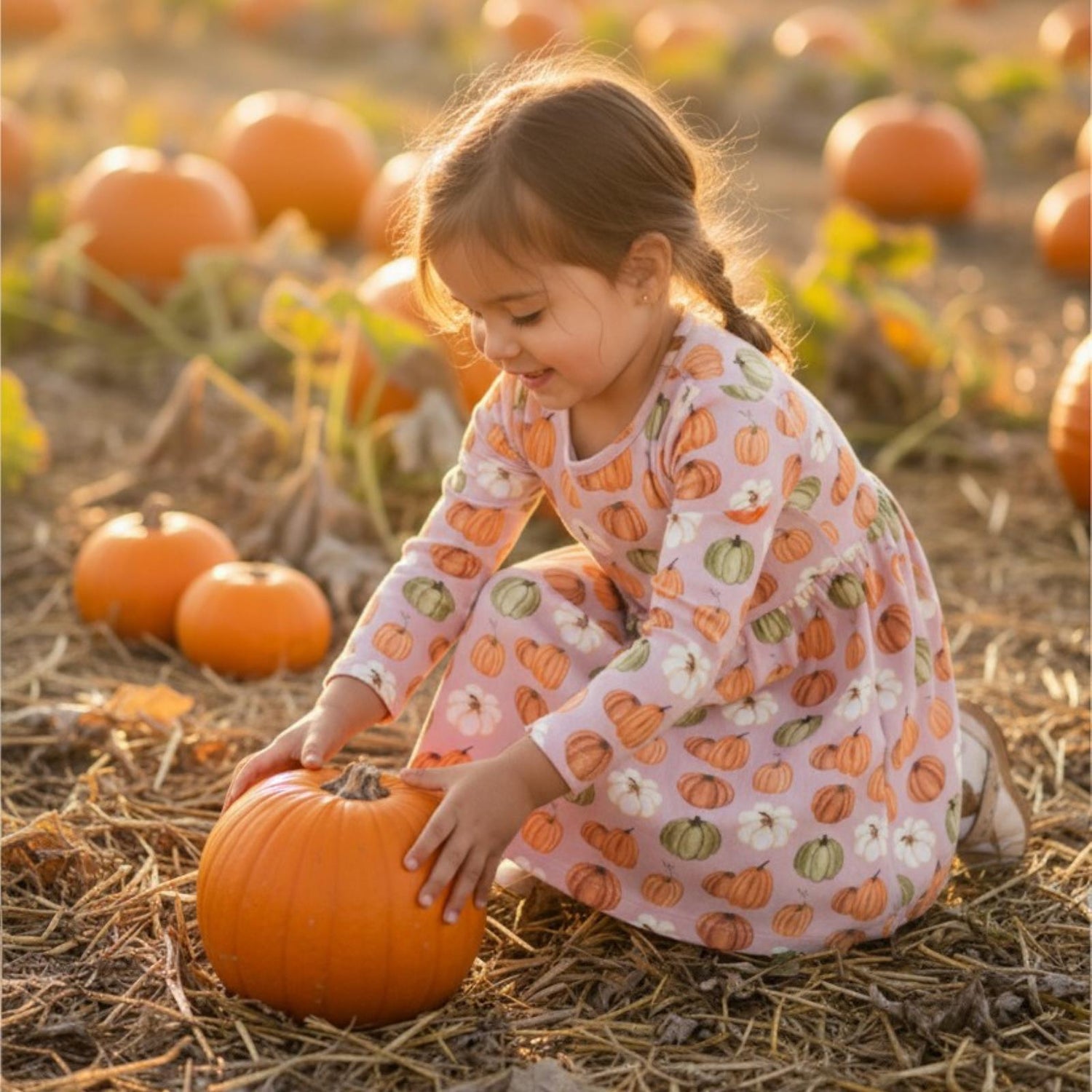 Print Long Sleeve Twirl Dress with Pockets in Baby Rose Pumpkin Patch (373104)
