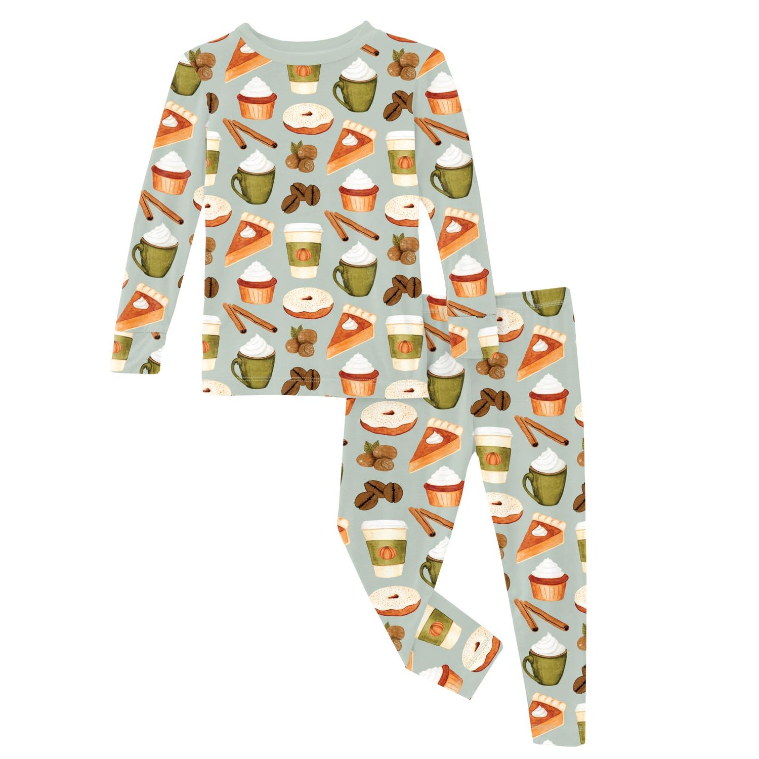 Print Long Sleeve Pajama Set in Aloe Pumpkin Spice (373106)