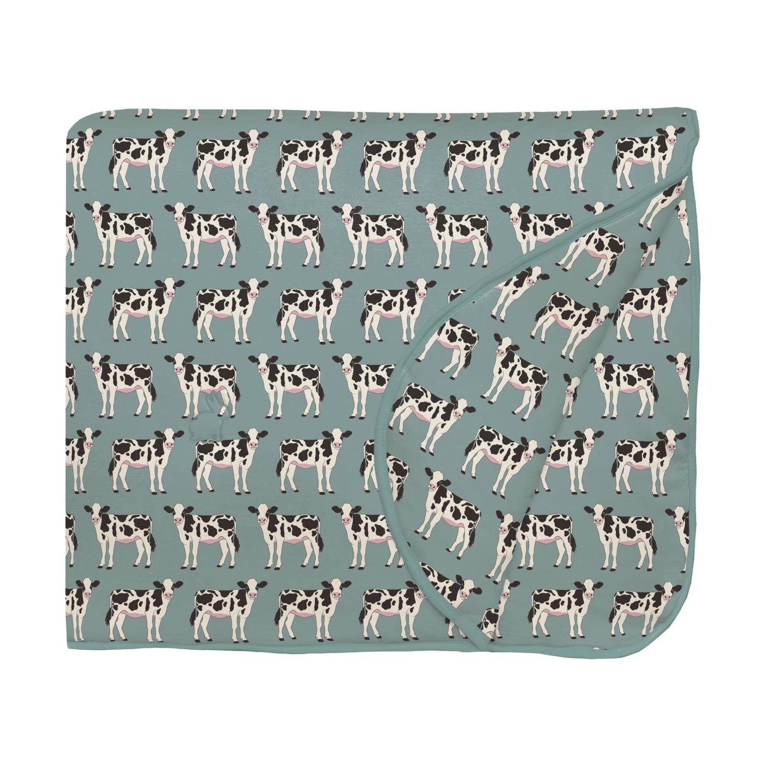 Print Fluffle Stroller Blanket with Embroidery in Jade Cows with Matching Reverse (376882)