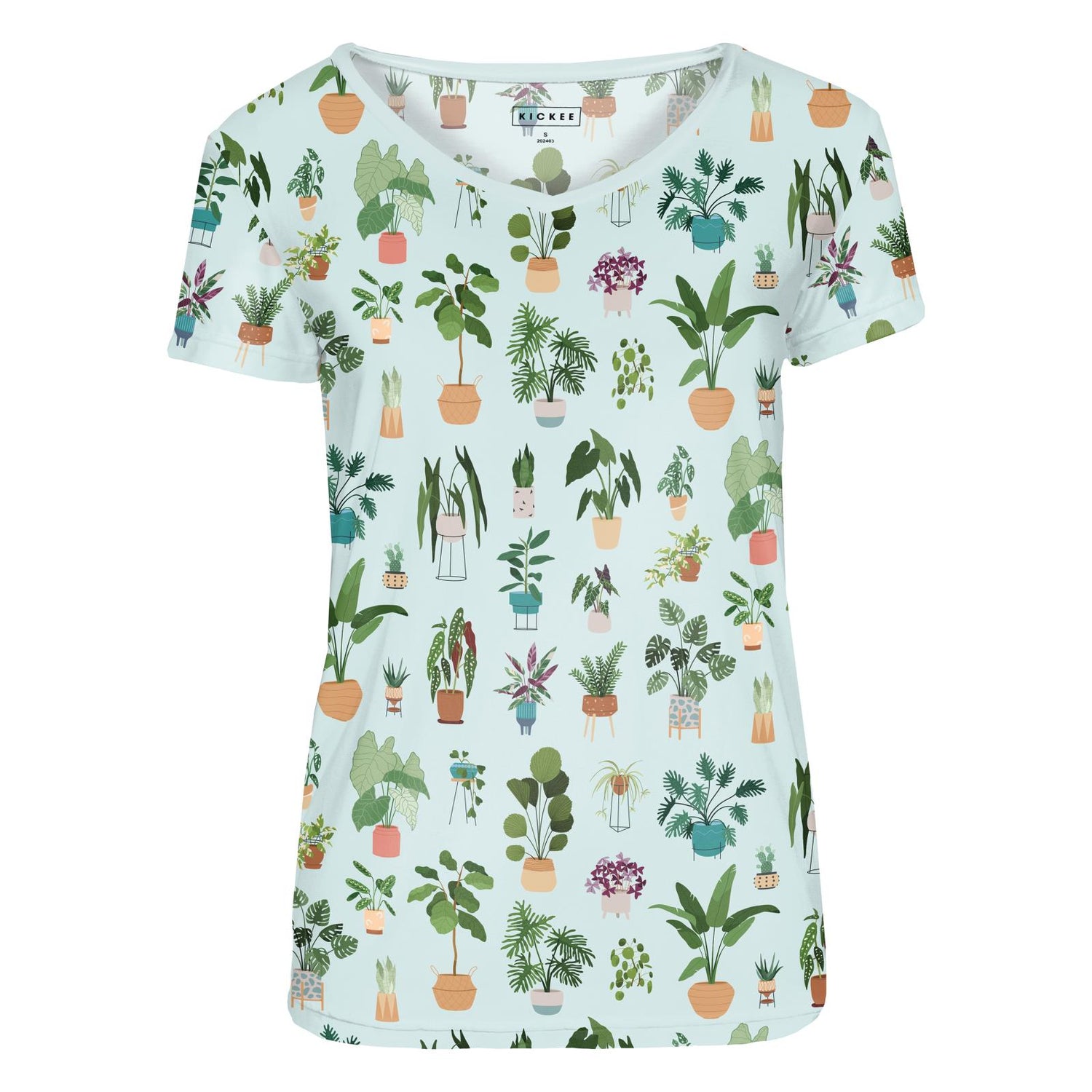 Women's Print Short Sleeve V-Neck Relaxed Tee in Fresh Air House Plants (318023)