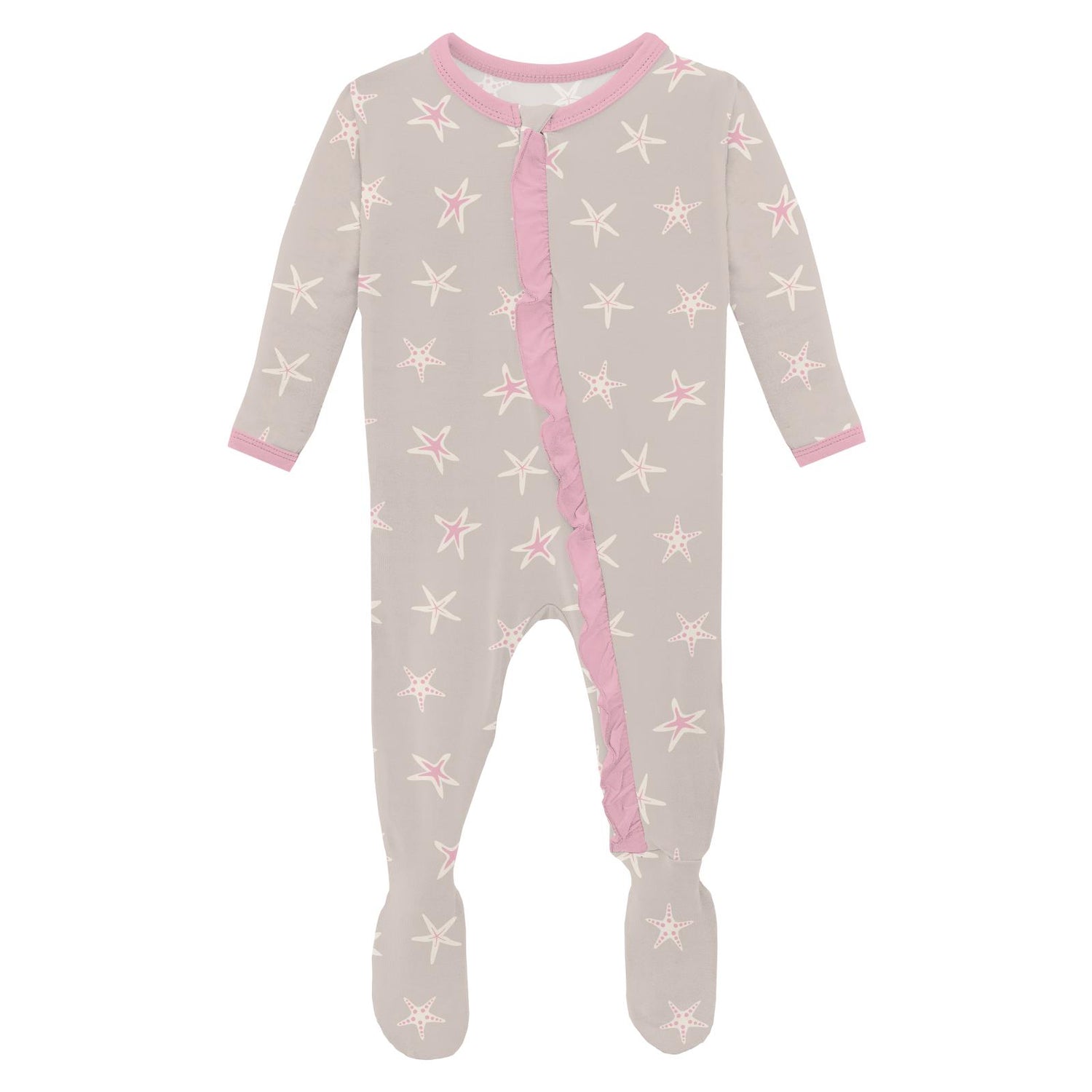 Print Layette Ruffle Footie with 2 Way Zipper in Latte Starfish (326687)