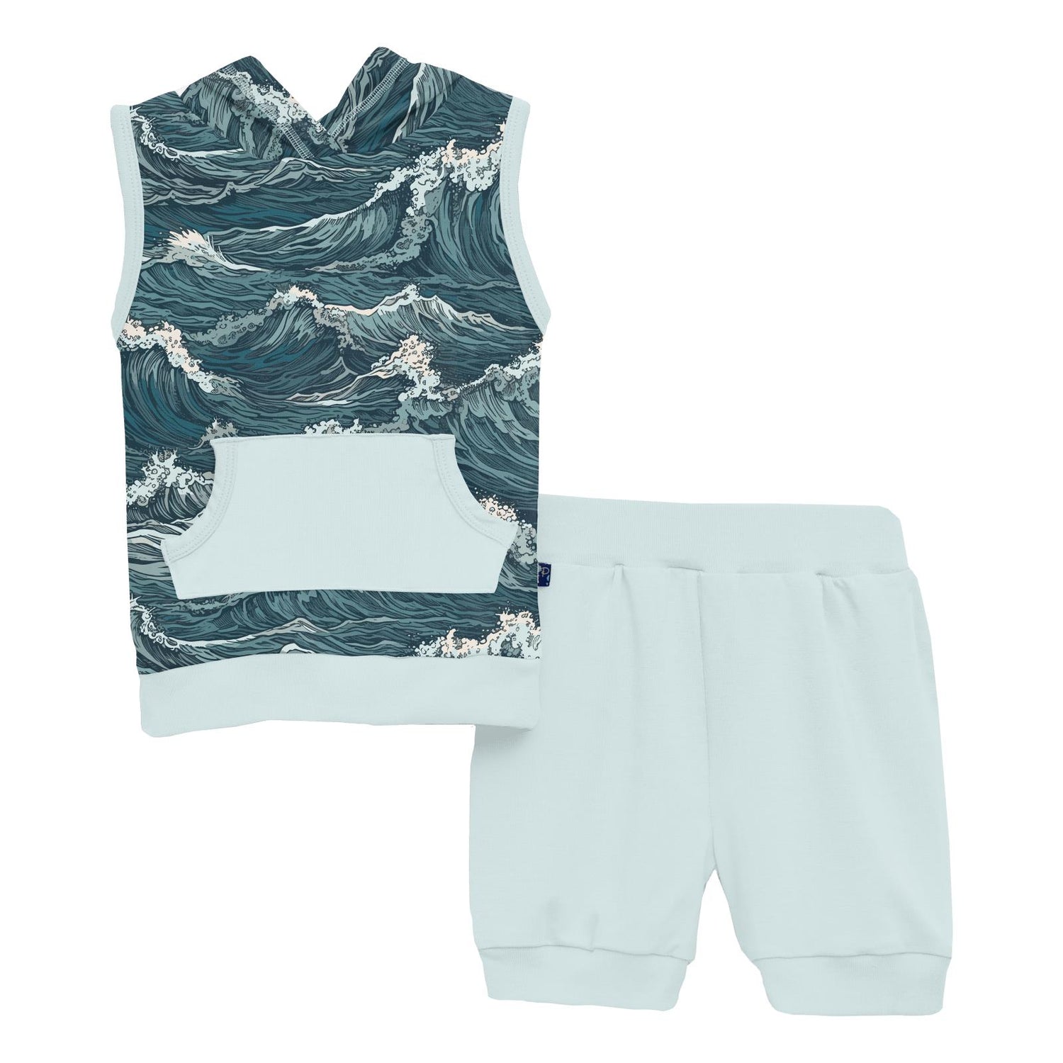 Print Short Sleeve Hoodie Tank Outfit Set in Oceanic (326964)