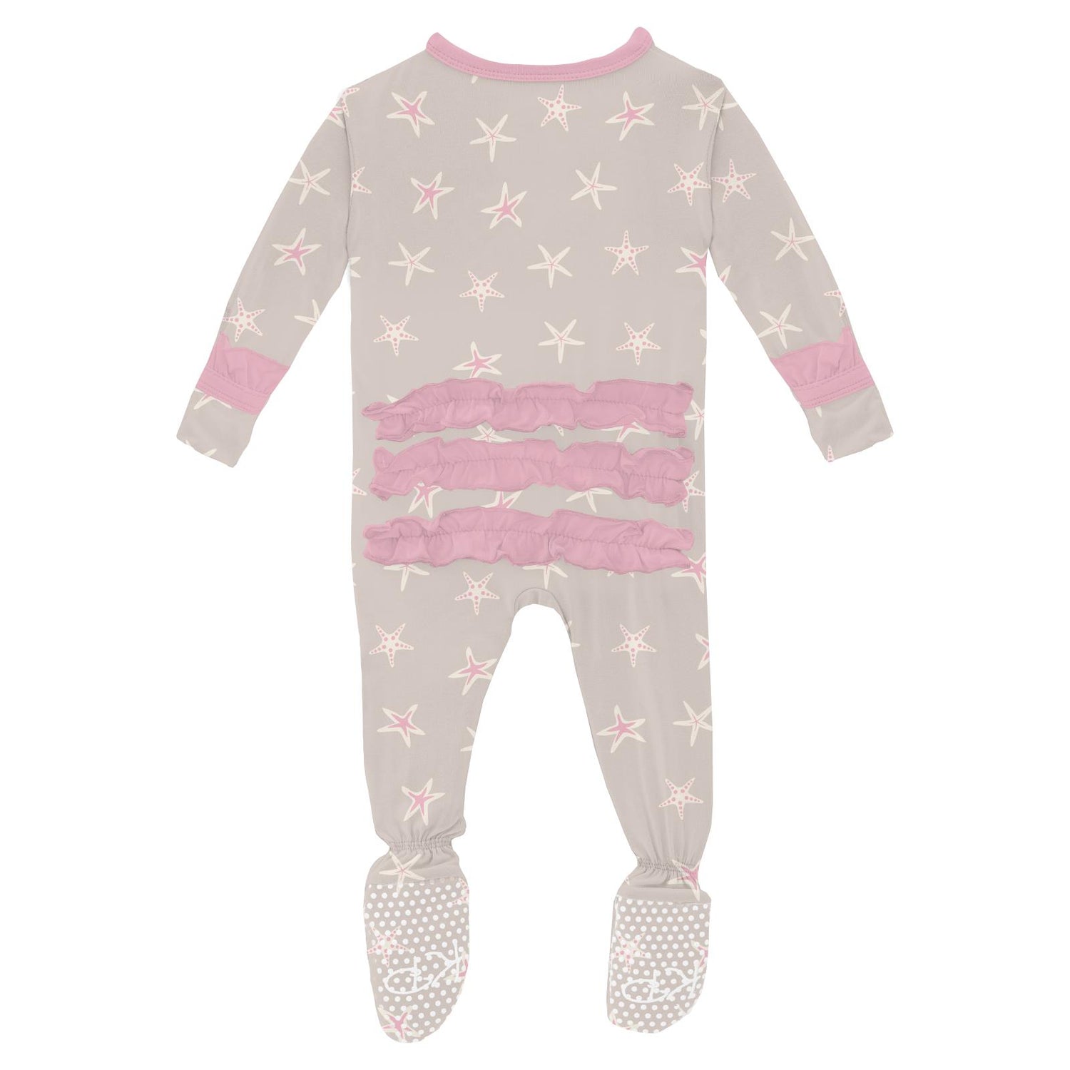 Print Layette Ruffle Footie with 2 Way Zipper in Latte Starfish (327108)