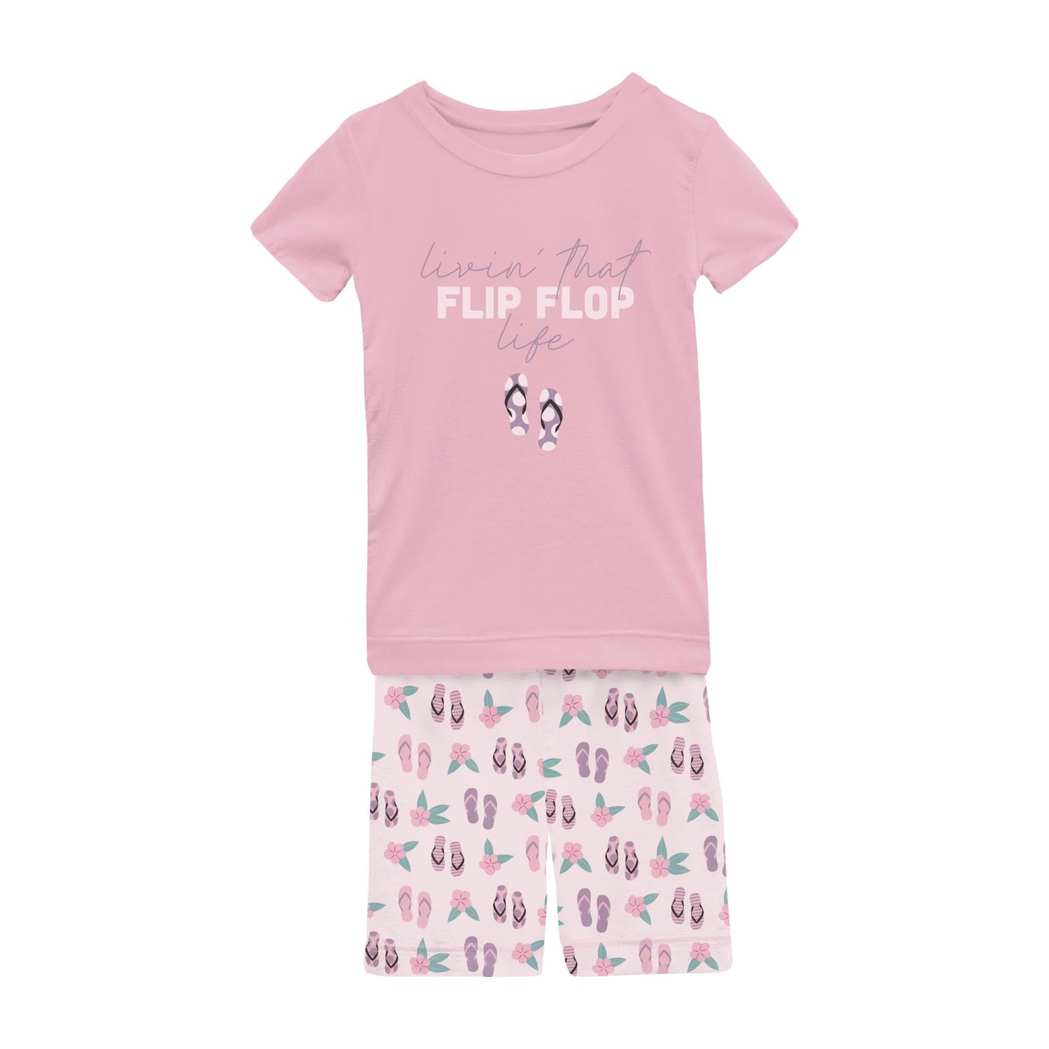Short Sleeve Graphic Tee Pajama Set with Shorts in Shrinking Violet Flip Flops and Flowers (327335)