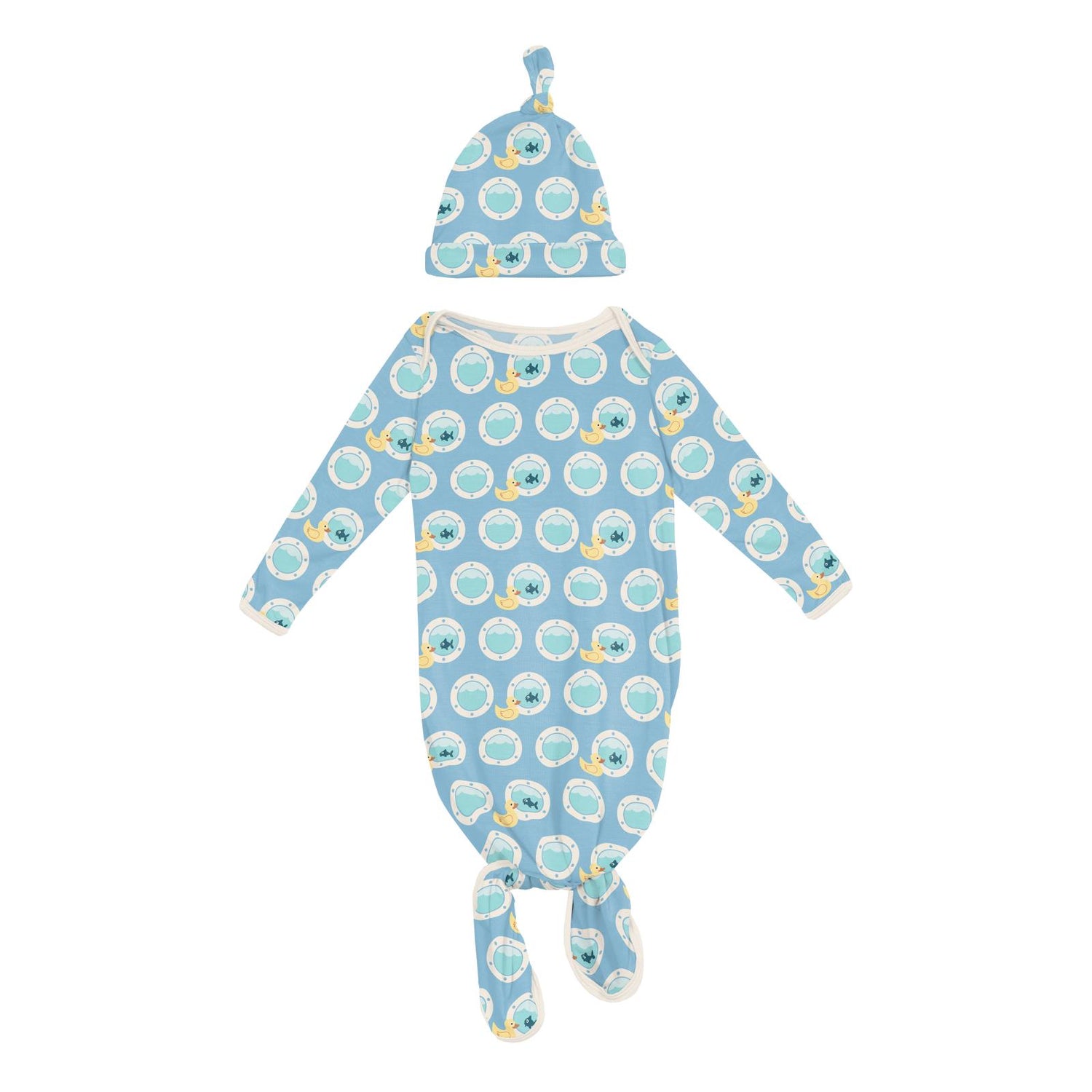Print Knotted Layette Gown & Hat Set in Seaside Blue Porthole Rubber Ducky (327411)