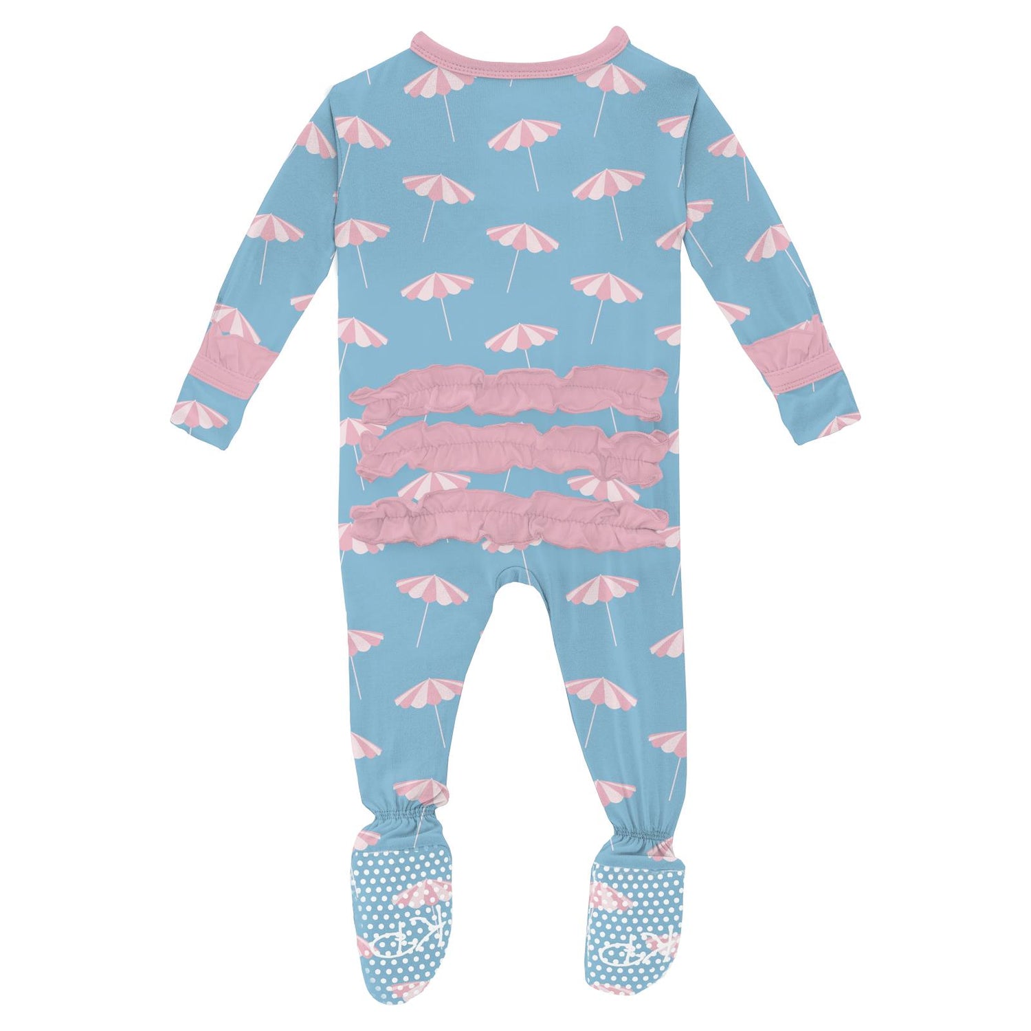 Print Layette Ruffle Footie with 2 Way Zipper in Seaside Blue Beach Umbrellas (327743)