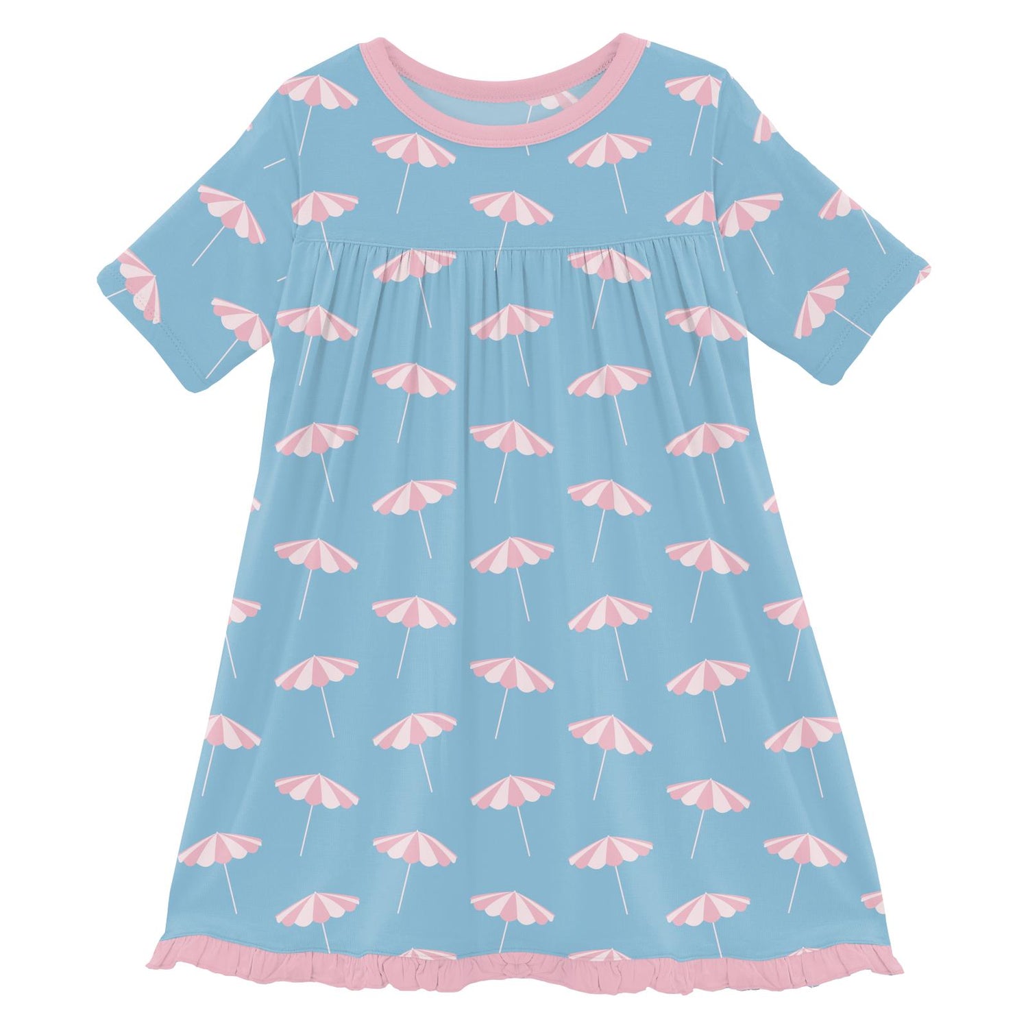 Print Short Sleeve Swing Dress in Seaside Blue Beach Umbrellas (327783)