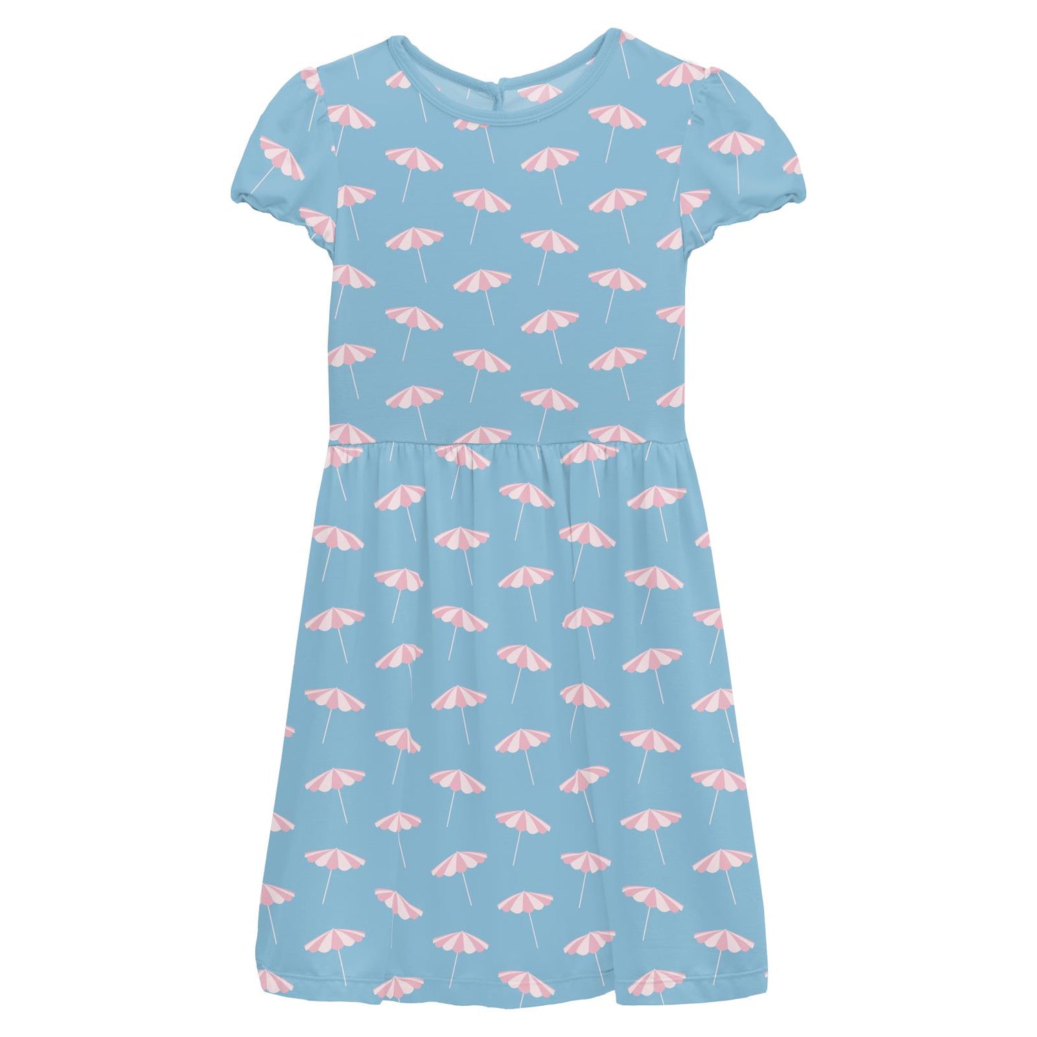 Print Flutter Sleeve Twirl Dress with Pockets in Seaside Blue Beach Umbrellas (327933)