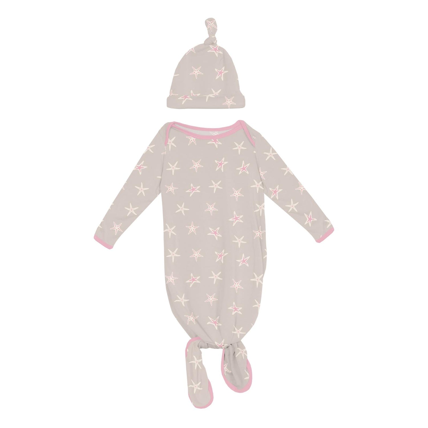 Print Knotted Layette Gown & Hat Set in Latte Starfish (327960)
