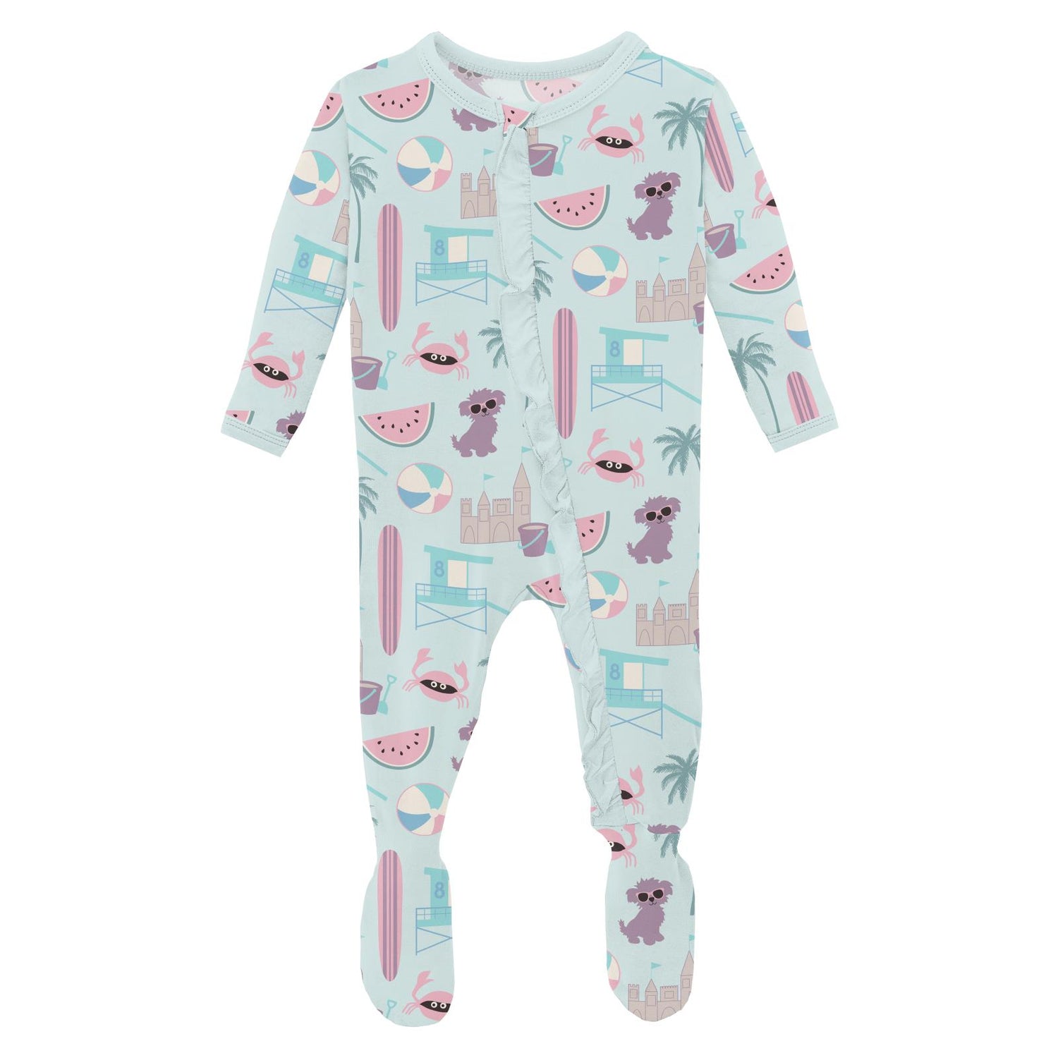 Print Layette Ruffle Footie with 2 Way Zipper in Fresh Air Beach Day (328007)