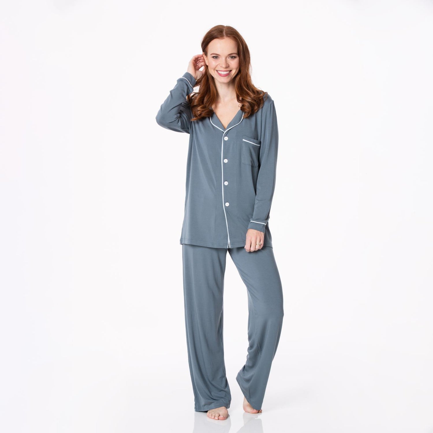 Women's Long Sleeved Collared Pajama Set in Slate with Illusion Blue (154536)
