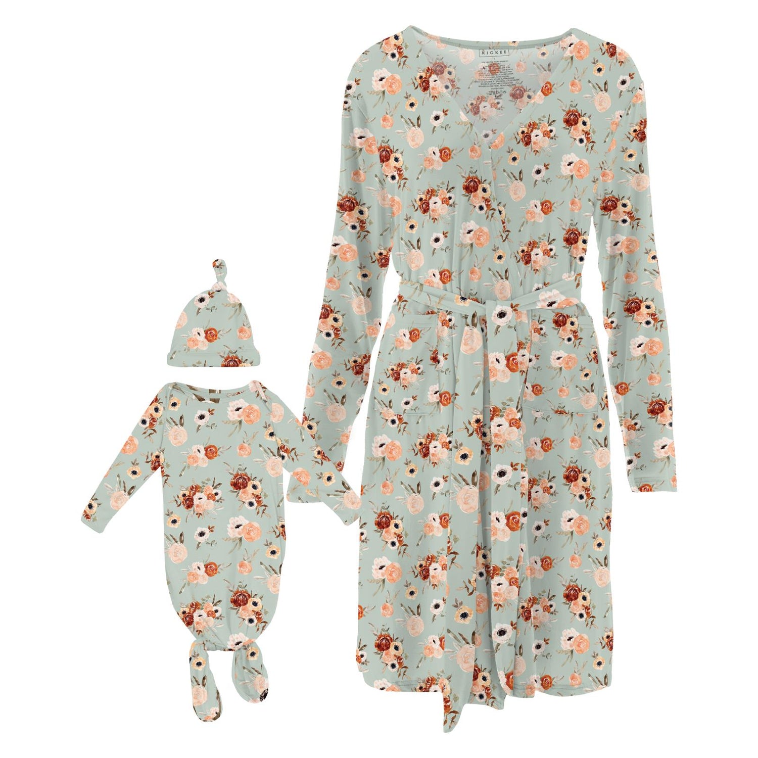 Women&#39;s Print Mid-Length Lounge Robe &amp; Knotted Layette Gown Set in Aloe Fall Floral (334221)