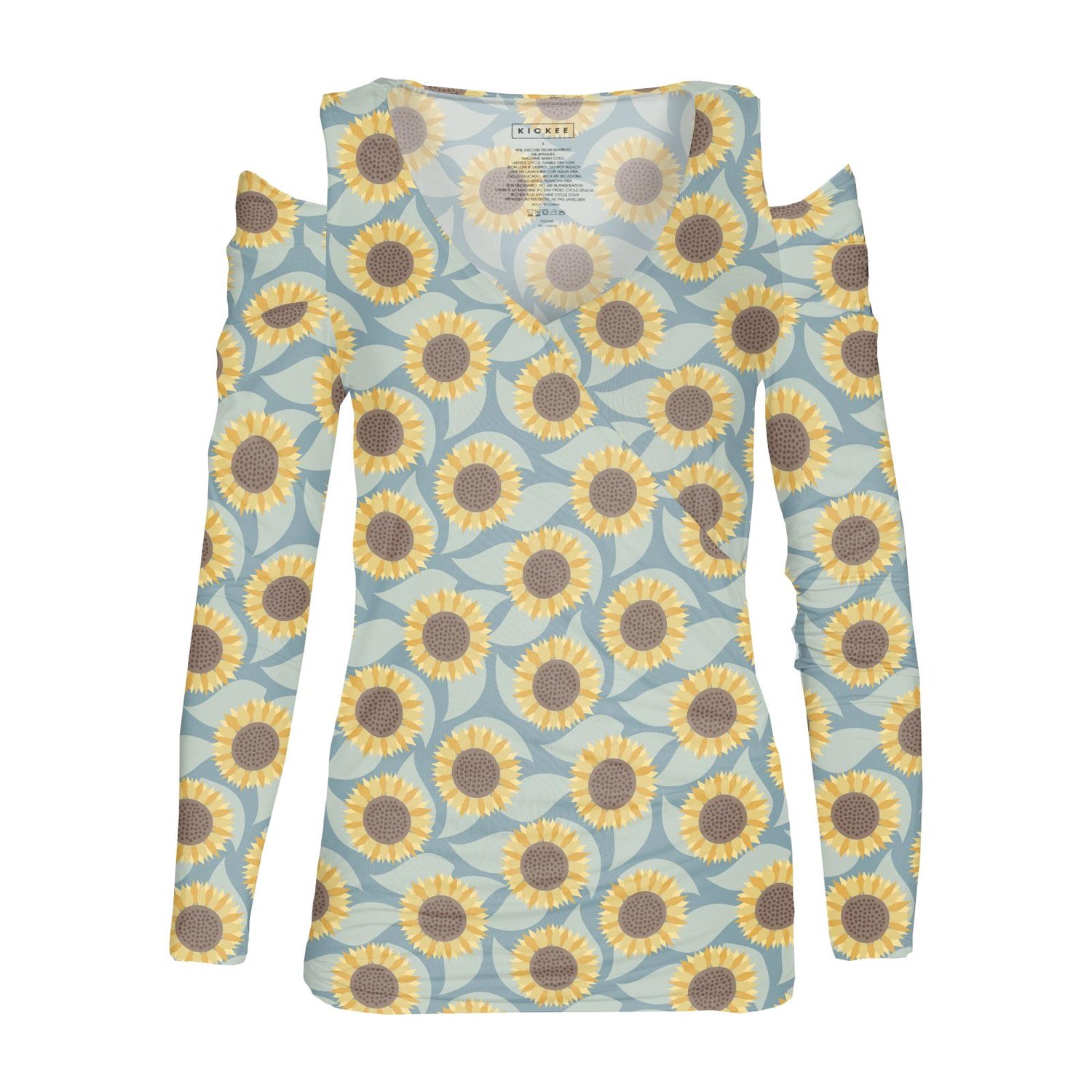 Women's Print Long Sleeve Open-Shoulder Kimono Tee in Stormy Sea Sunflower (334354)